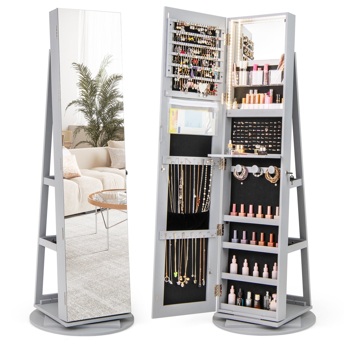 Rotating Mirrored Jewelry Armoire with LED Lighting