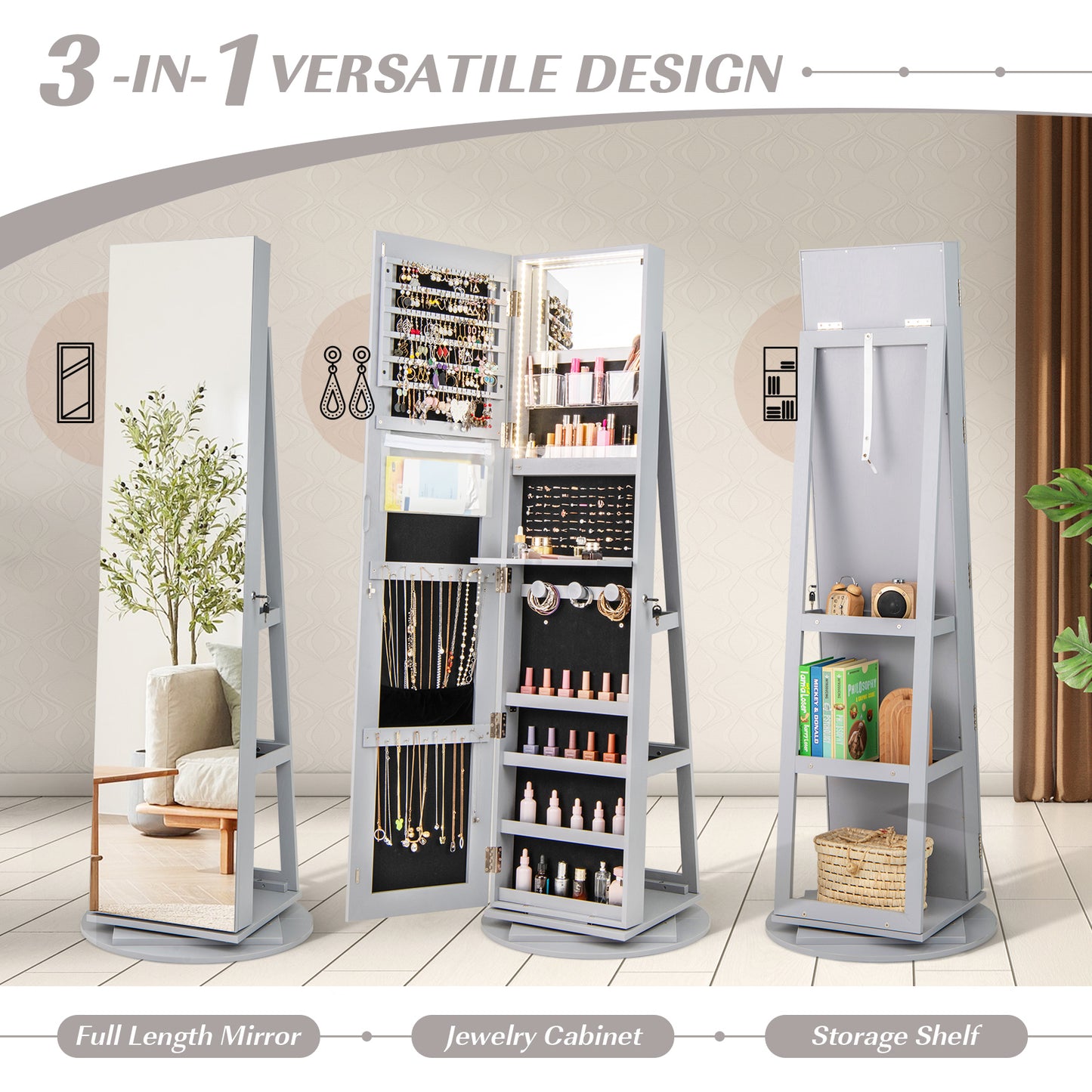 Rotating Mirrored Jewelry Armoire with LED Lighting