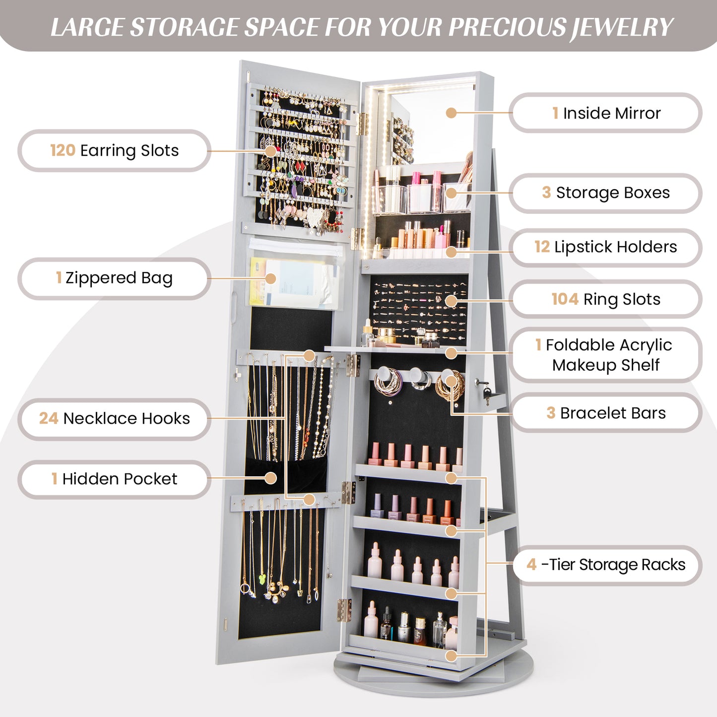 Rotating Mirrored Jewelry Armoire with LED Lighting