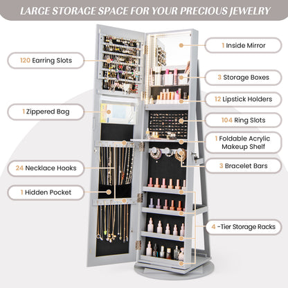 Rotating Mirrored Jewelry Armoire with LED Lighting