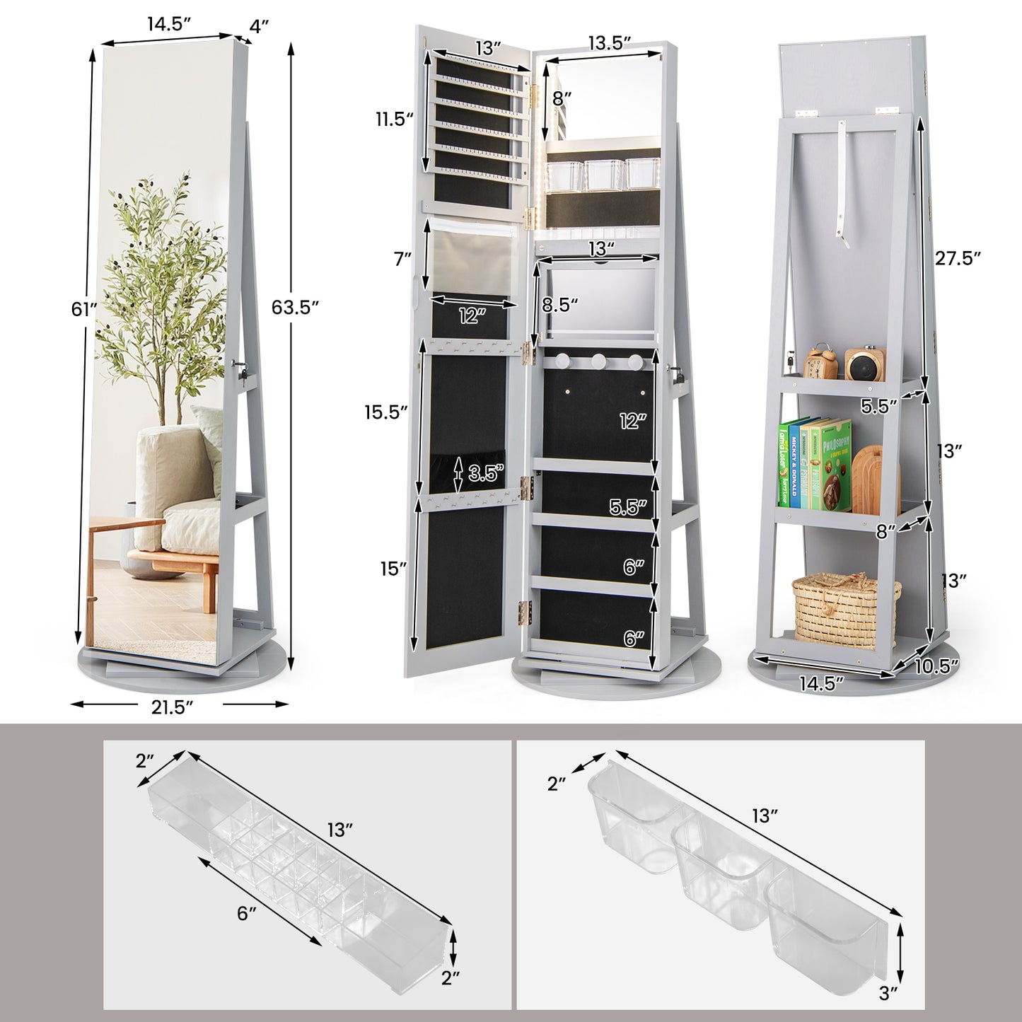 Rotating Mirrored Jewelry Armoire with LED Lighting