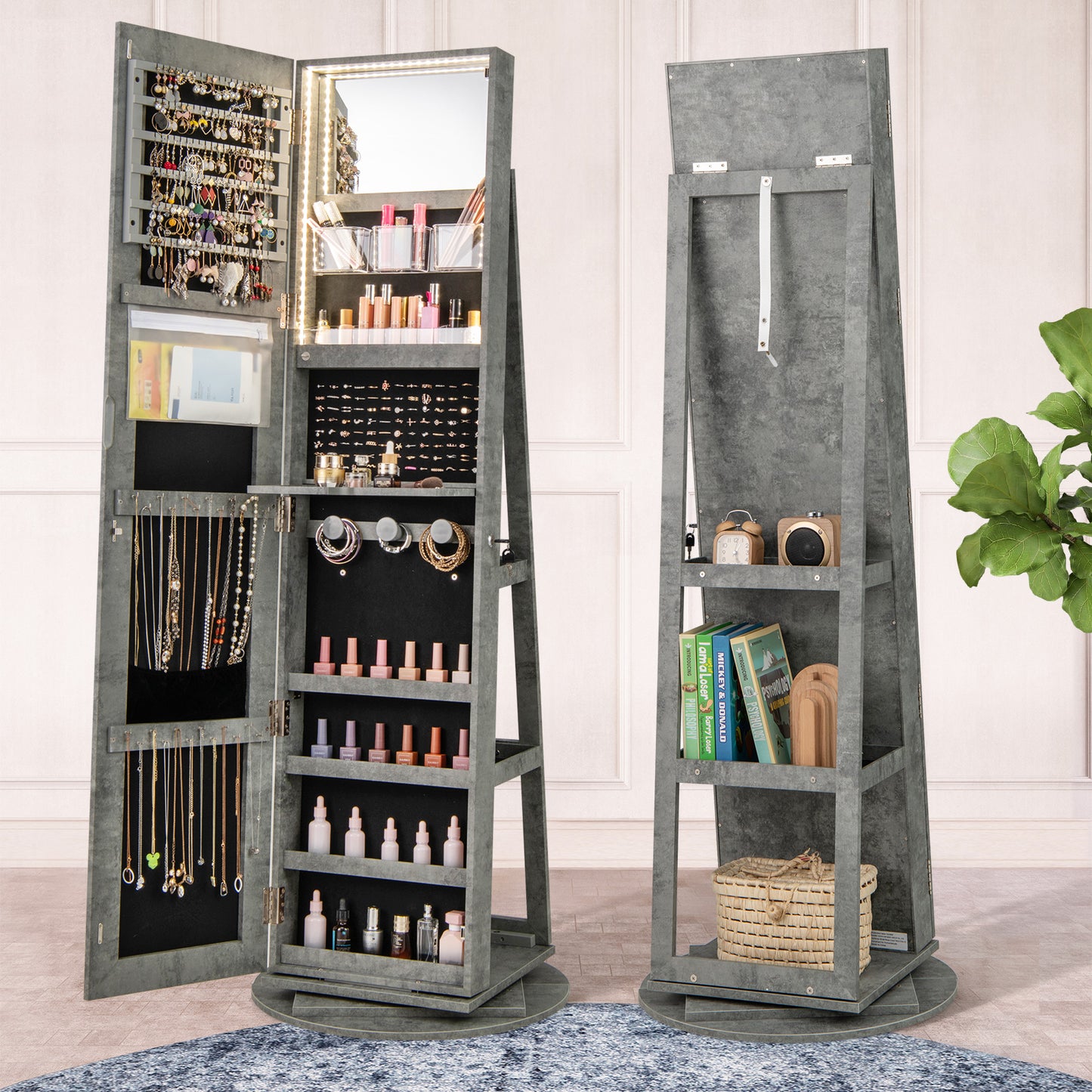 Rotating Mirrored Jewelry Armoire with LED Lighting