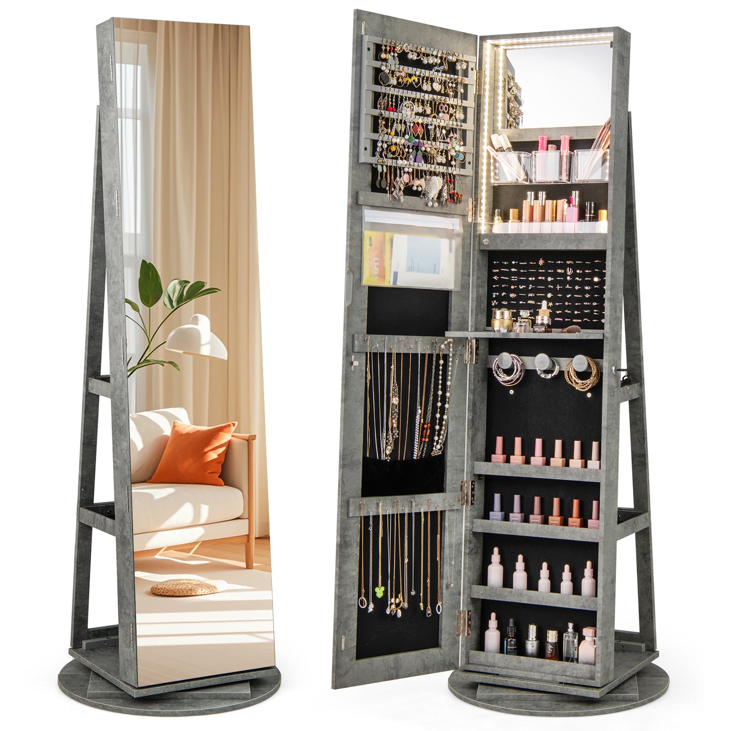 Rotating Mirrored Jewelry Armoire with LED Lighting