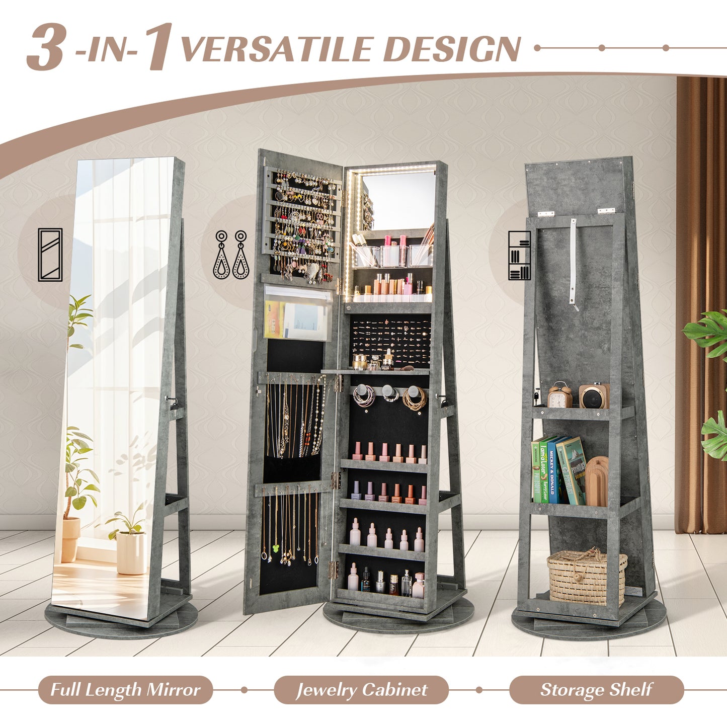 Rotating Mirrored Jewelry Armoire with LED Lighting