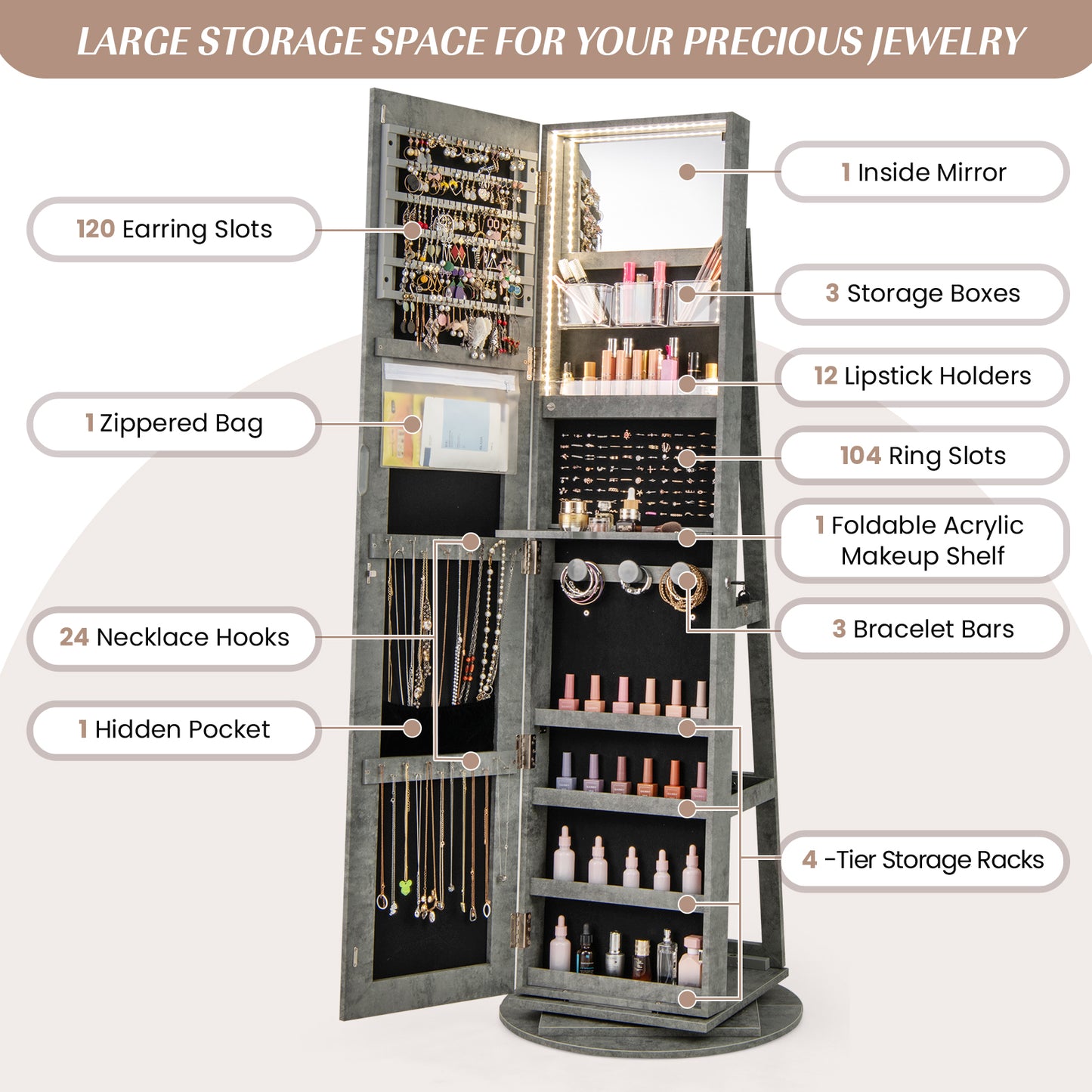 Rotating Mirrored Jewelry Armoire with LED Lighting