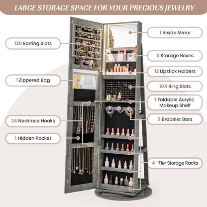 Rotating Mirrored Jewelry Armoire with LED Lighting