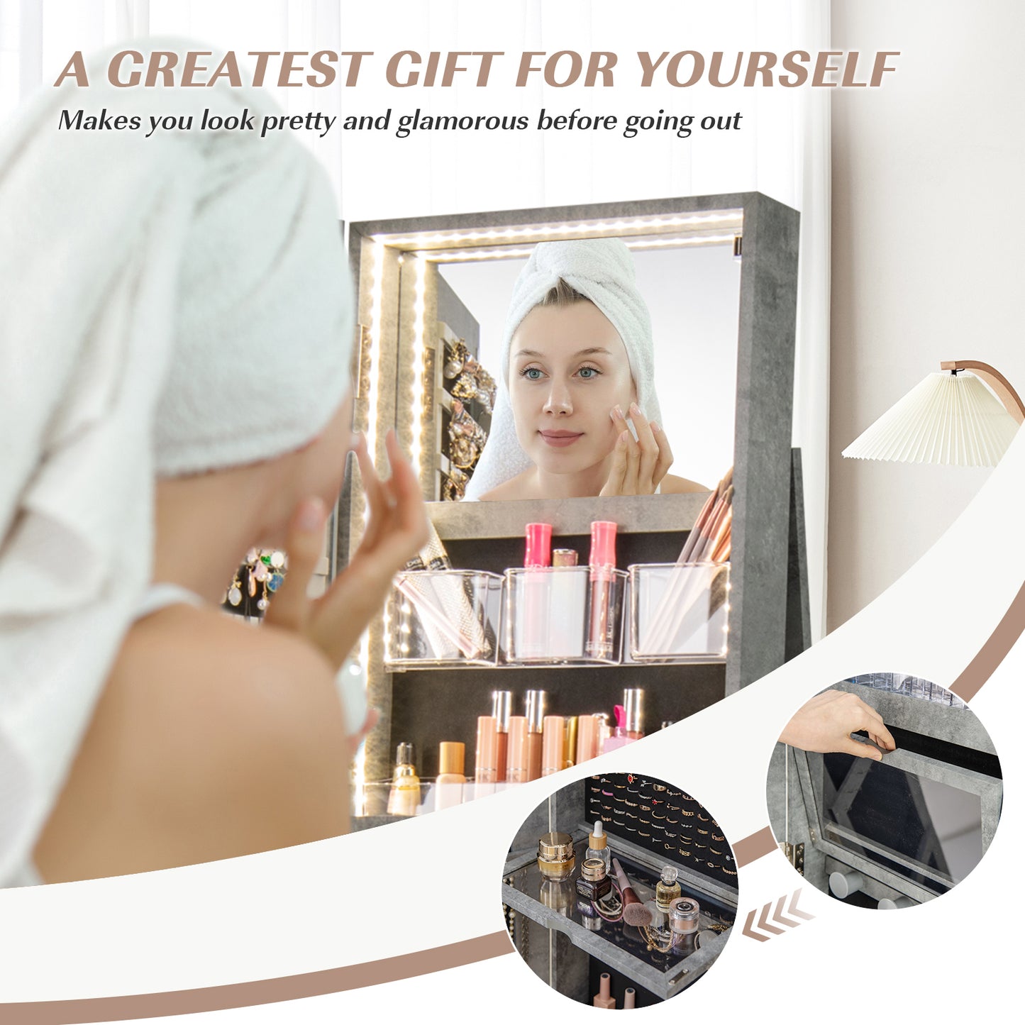 Rotating Mirrored Jewelry Armoire with LED Lighting