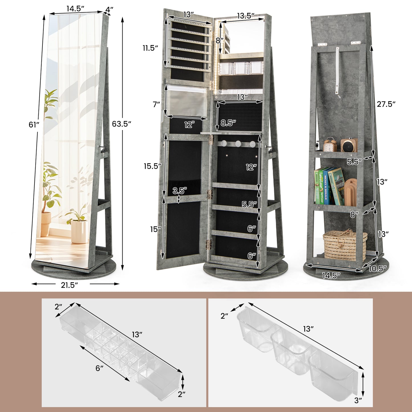 Rotating Mirrored Jewelry Armoire with LED Lighting
