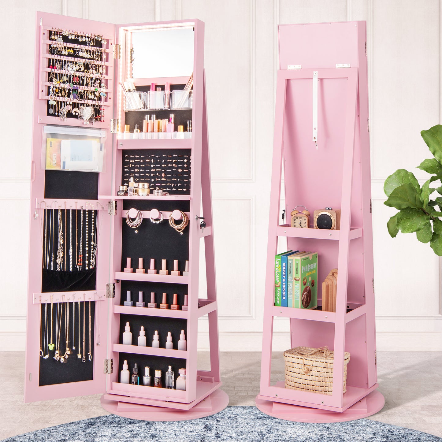 Rotating Mirrored Jewelry Armoire with LED Lighting