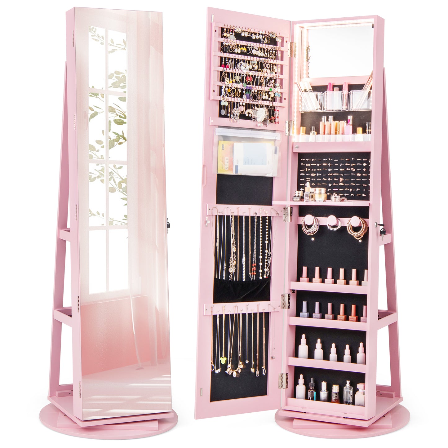 Rotating Mirrored Jewelry Armoire with LED Lighting
