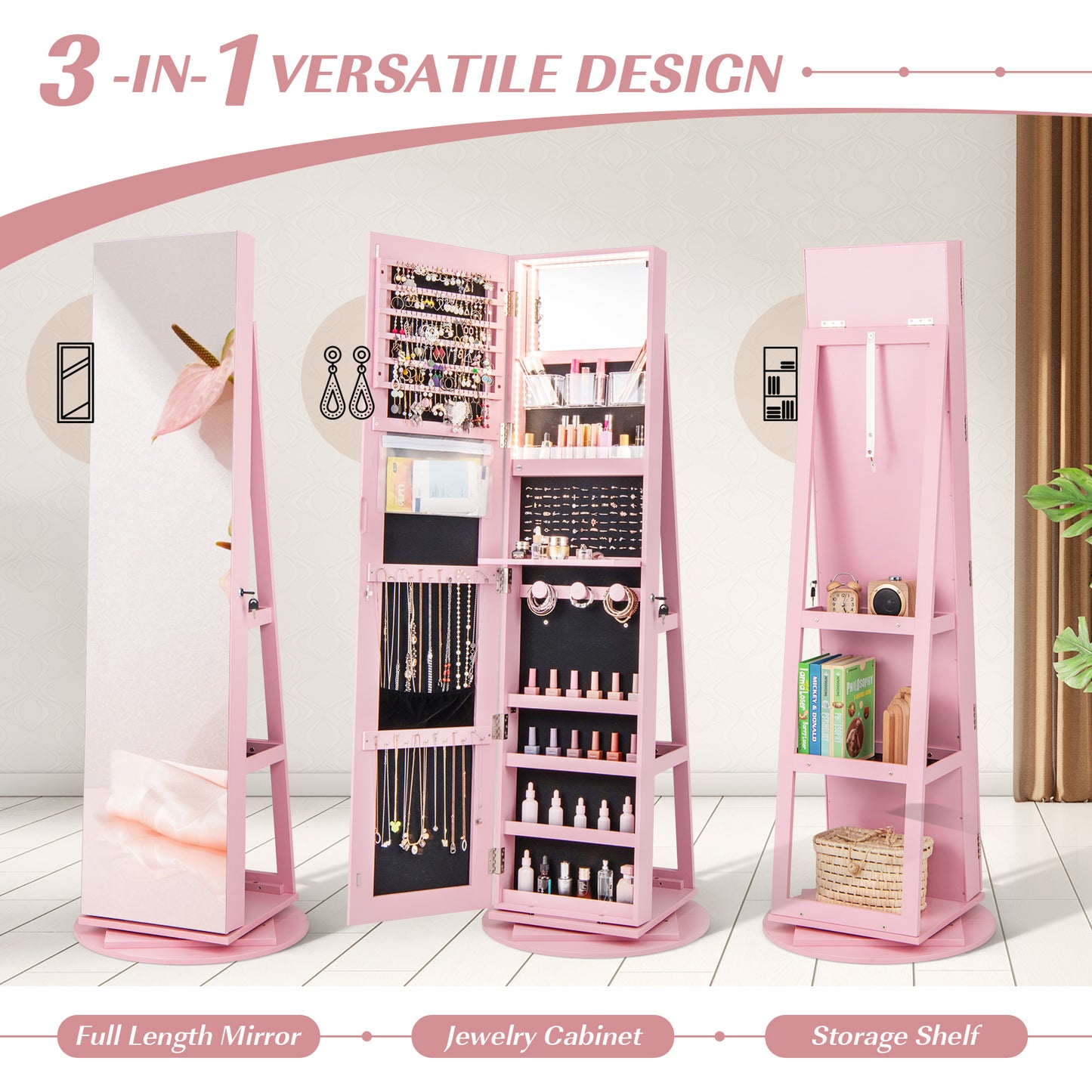 Rotating Mirrored Jewelry Armoire with LED Lighting
