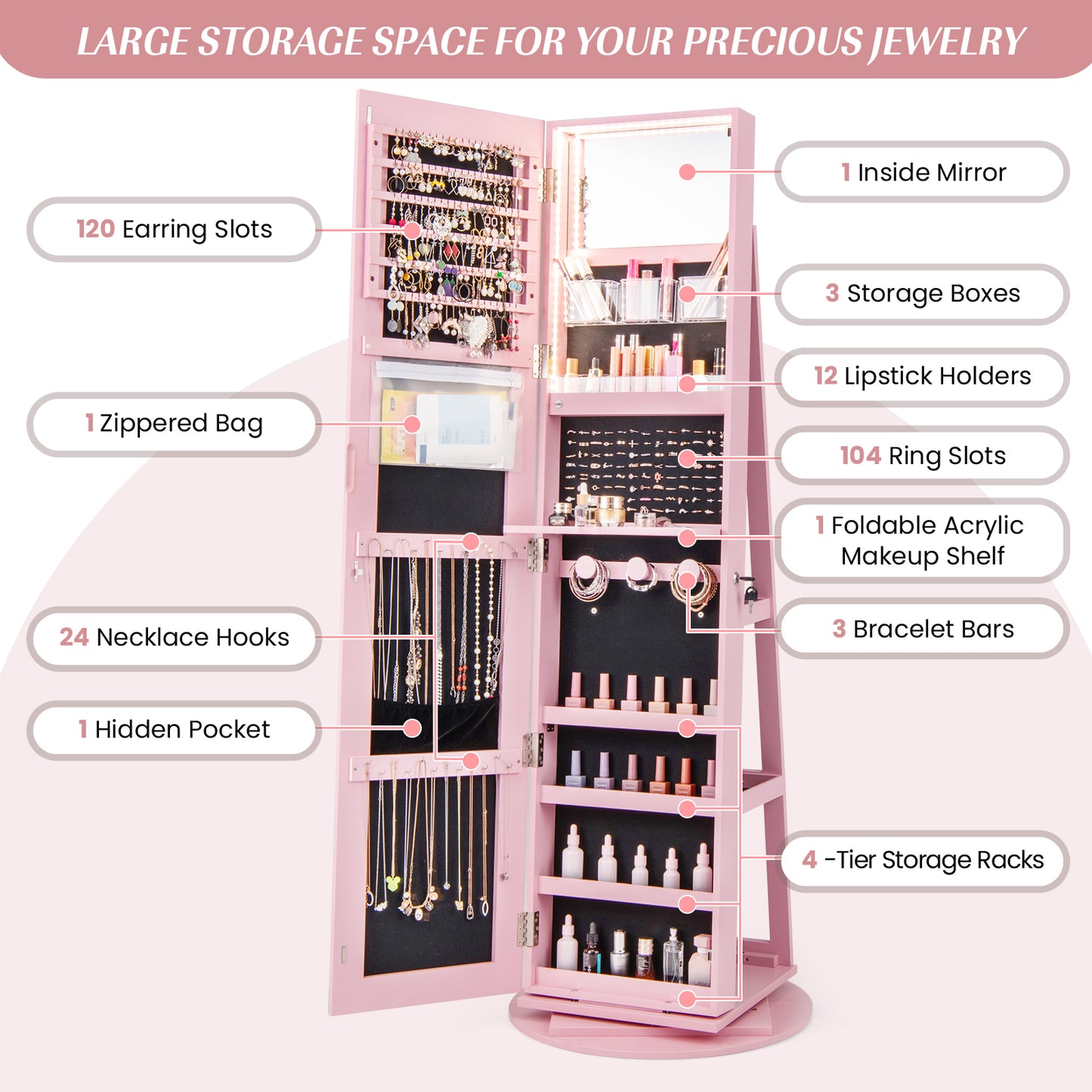 Rotating Mirrored Jewelry Armoire with LED Lighting