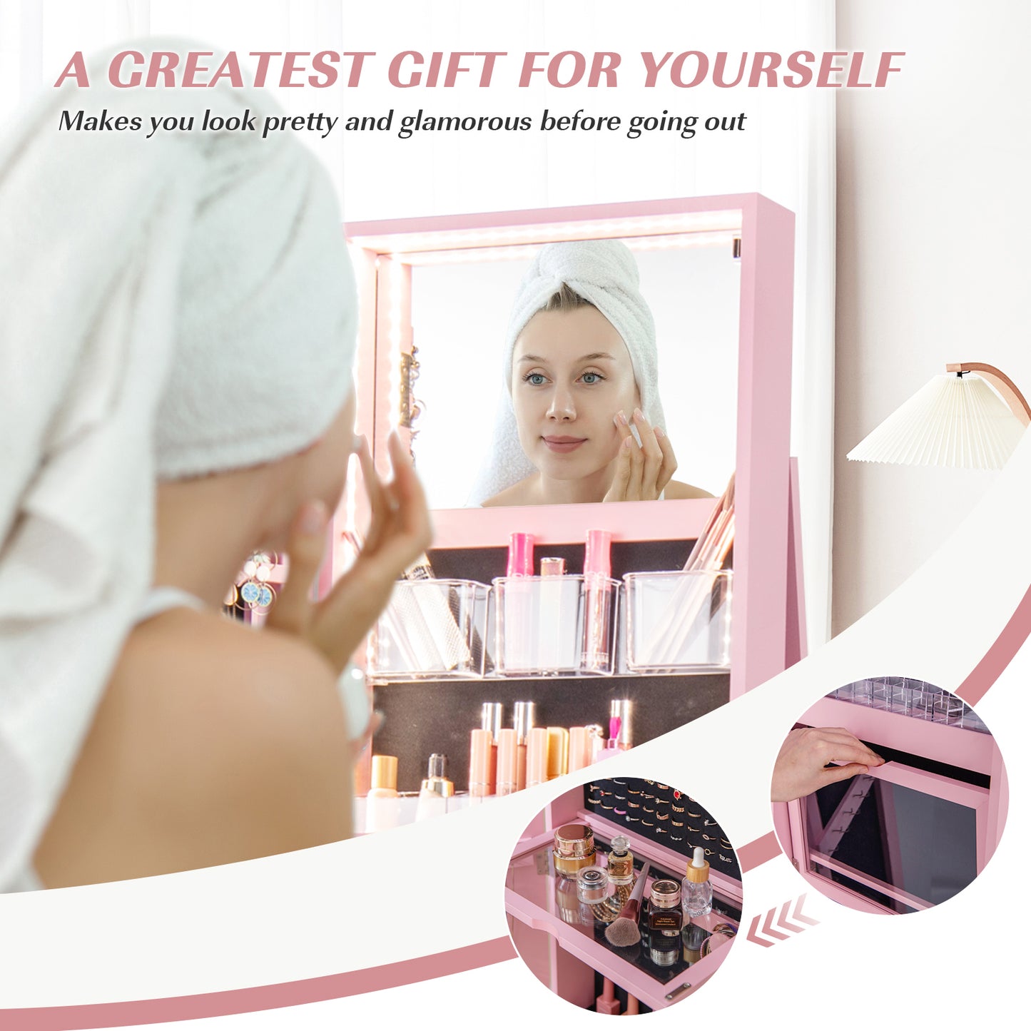 Rotating Mirrored Jewelry Armoire with LED Lighting