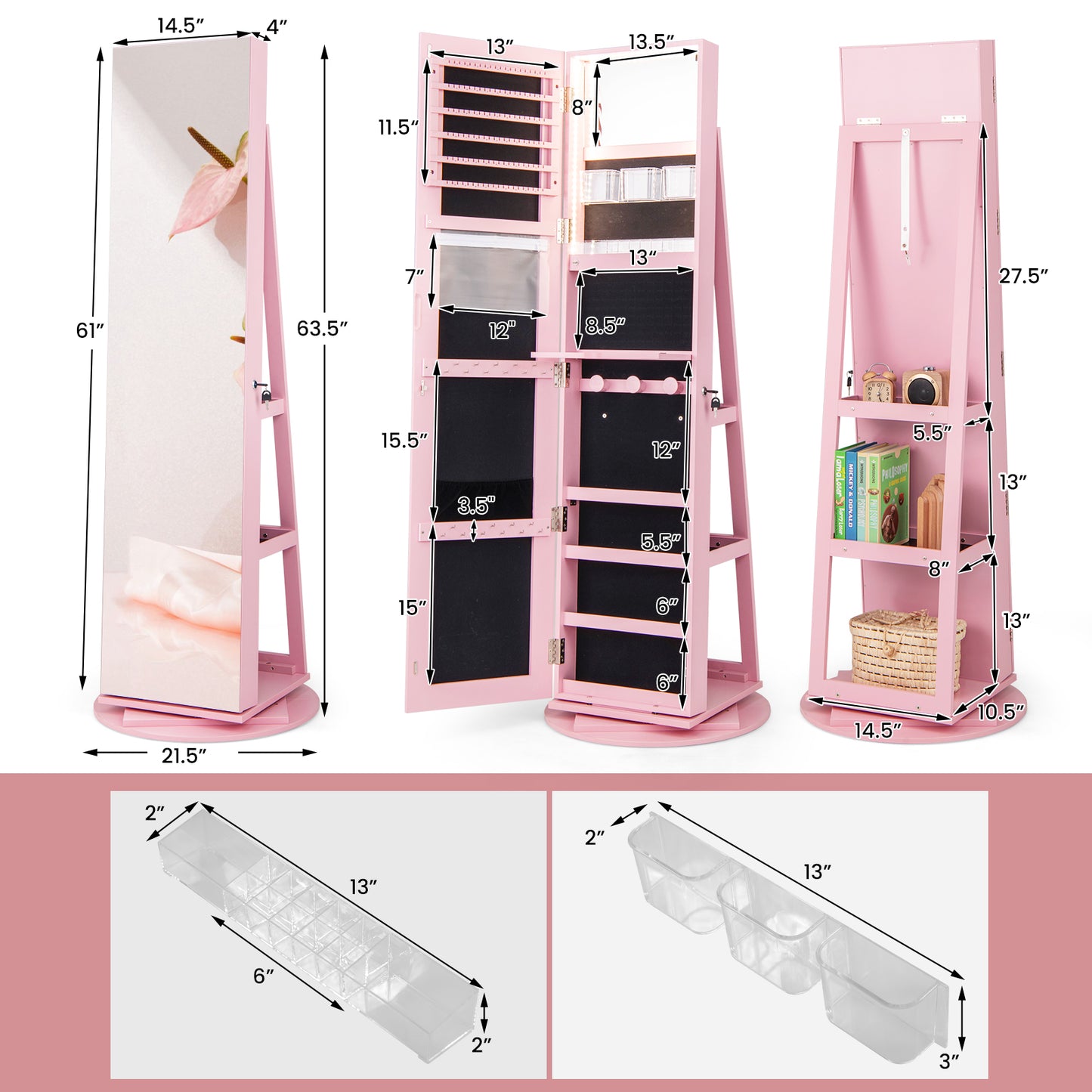 Rotating Mirrored Jewelry Armoire with LED Lighting