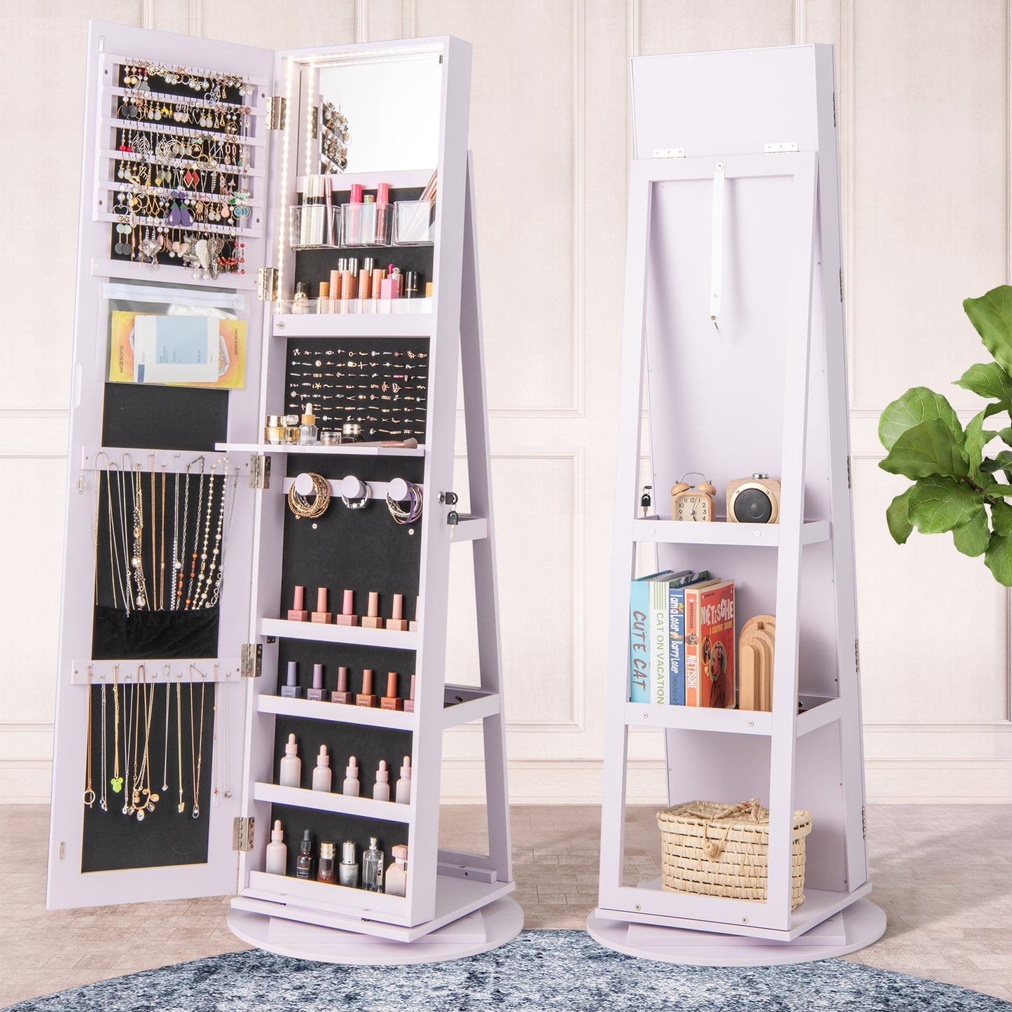 Rotating Mirrored Jewelry Armoire with LED Lighting