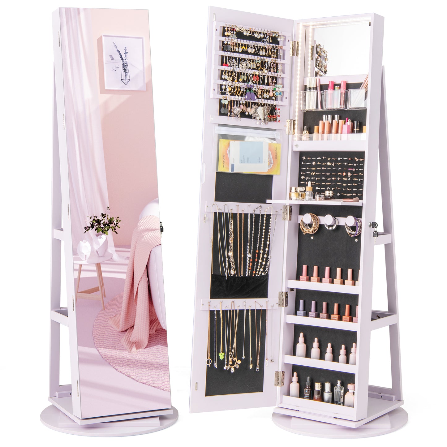 Rotating Mirrored Jewelry Armoire with LED Lighting