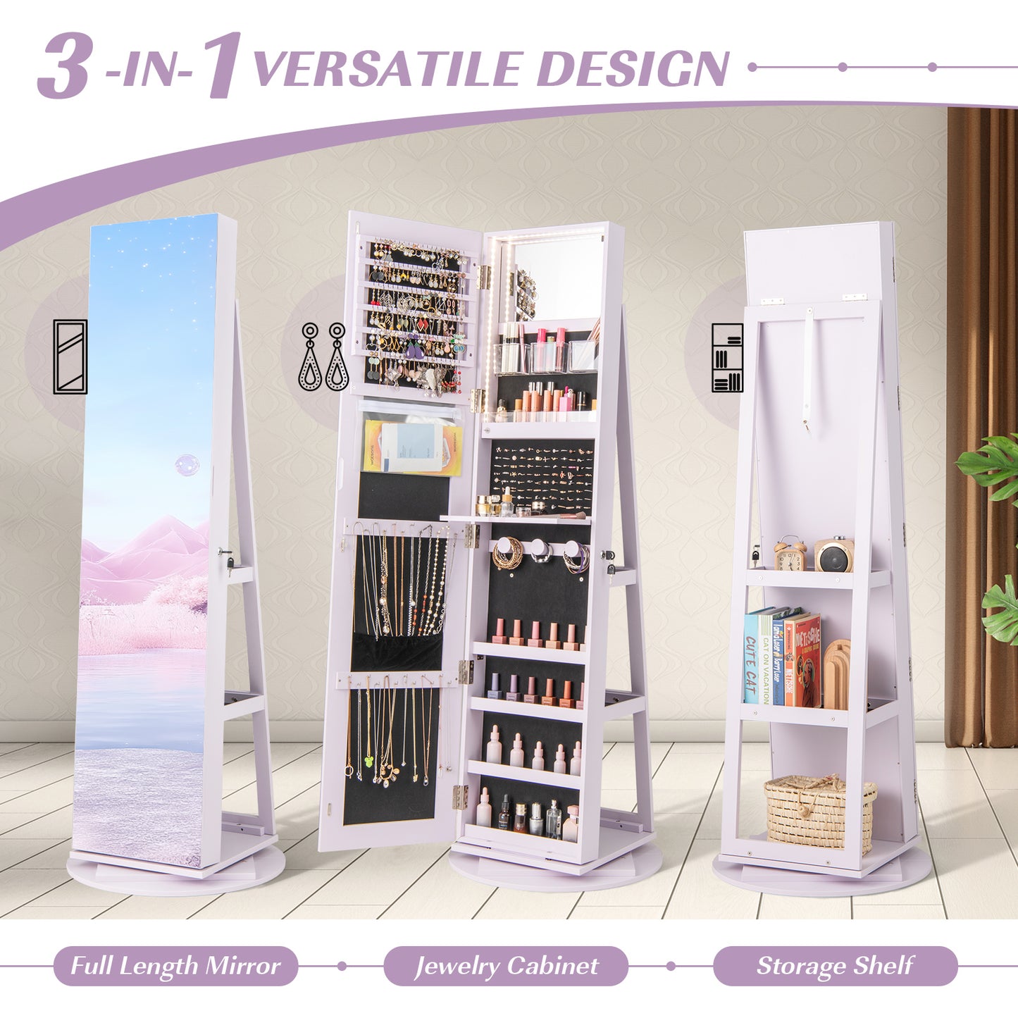 Rotating Mirrored Jewelry Armoire with LED Lighting