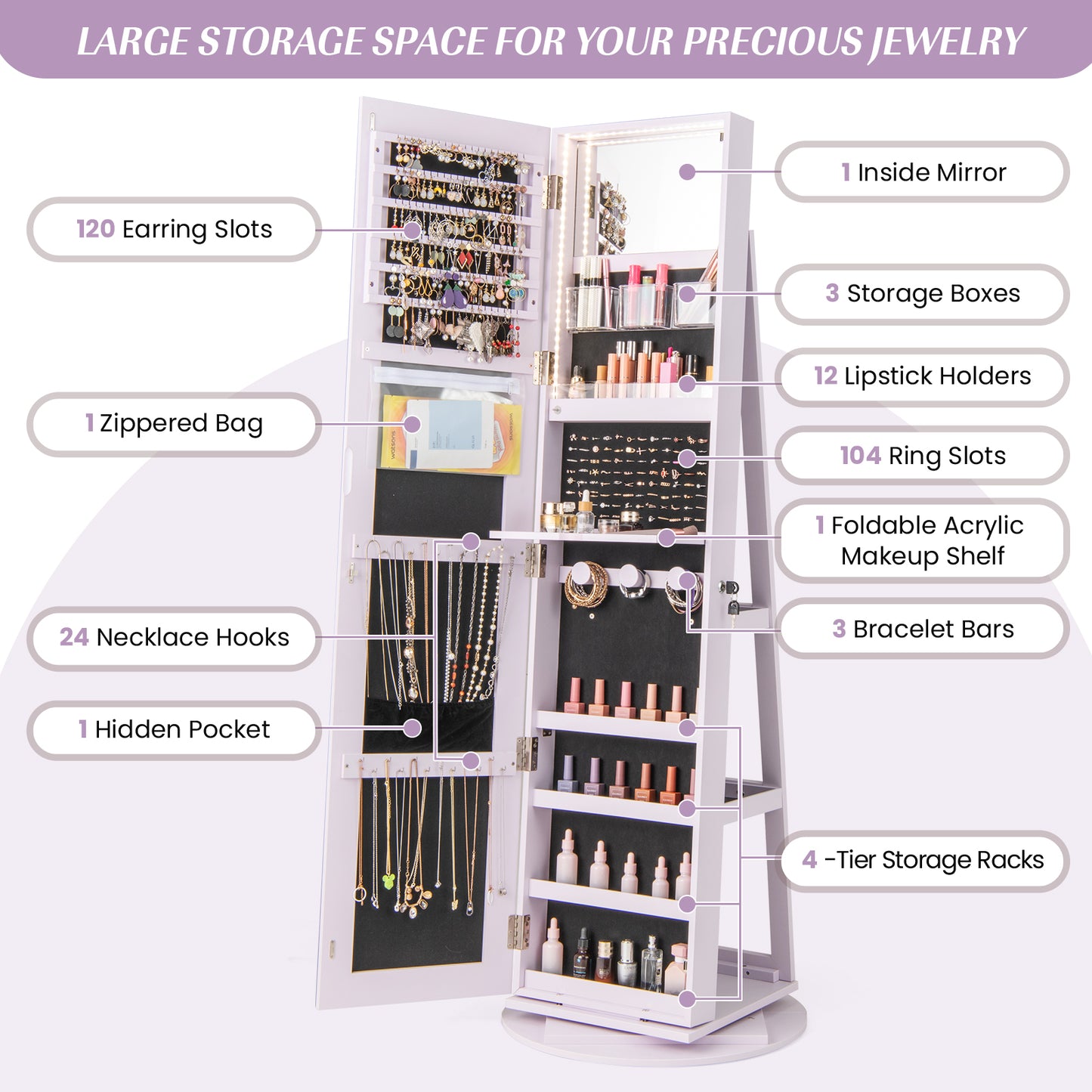 Rotating Mirrored Jewelry Armoire with LED Lighting