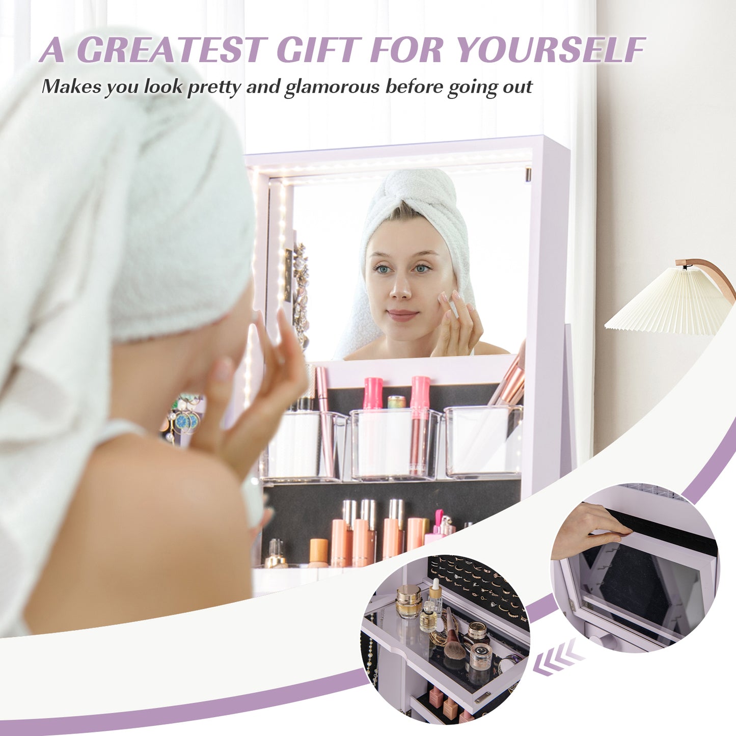 Rotating Mirrored Jewelry Armoire with LED Lighting