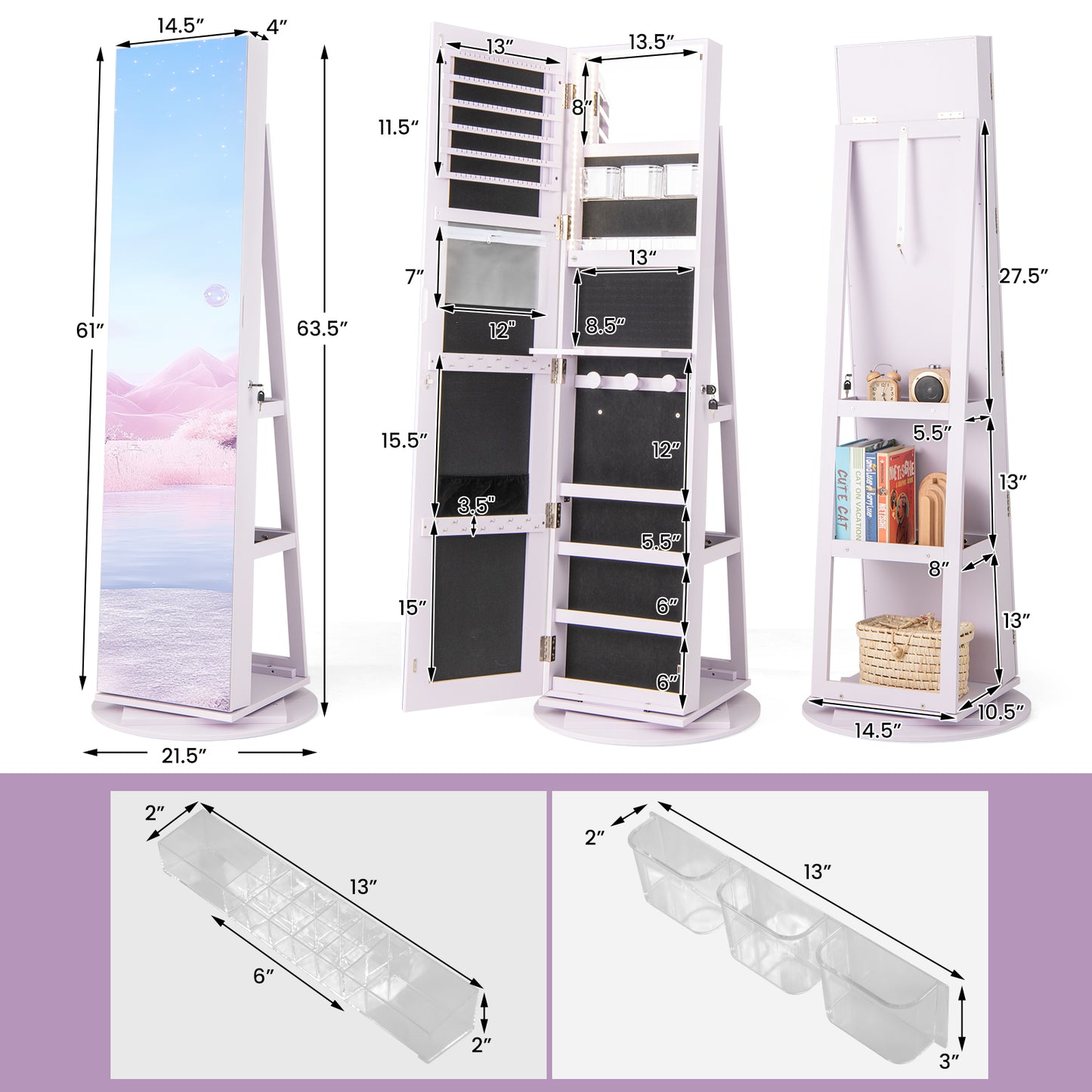 Rotating Mirrored Jewelry Armoire with LED Lighting