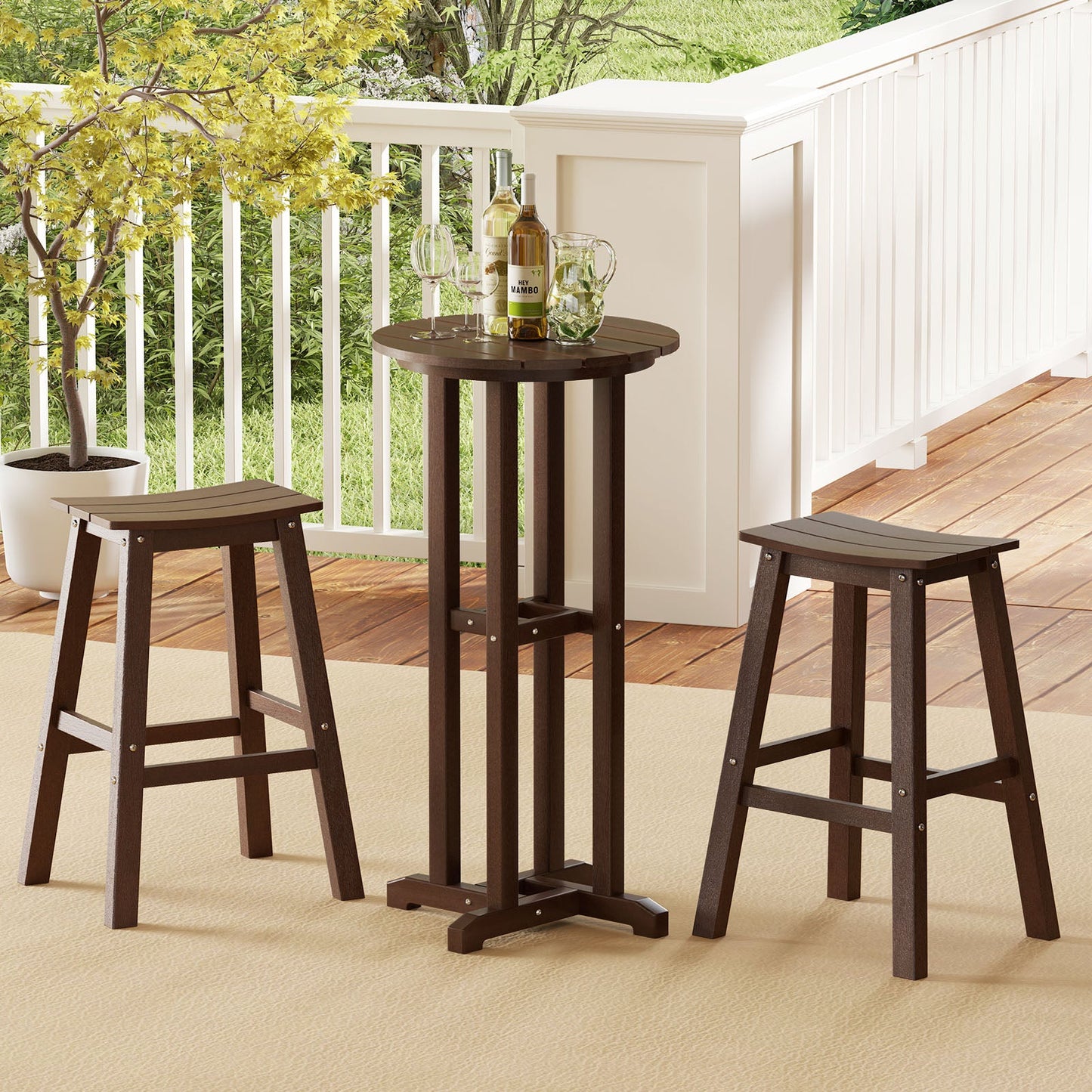 21.5 Inch Round Bar Table Patio HDPE Bar Height Dining Table with Slatted Tabletop