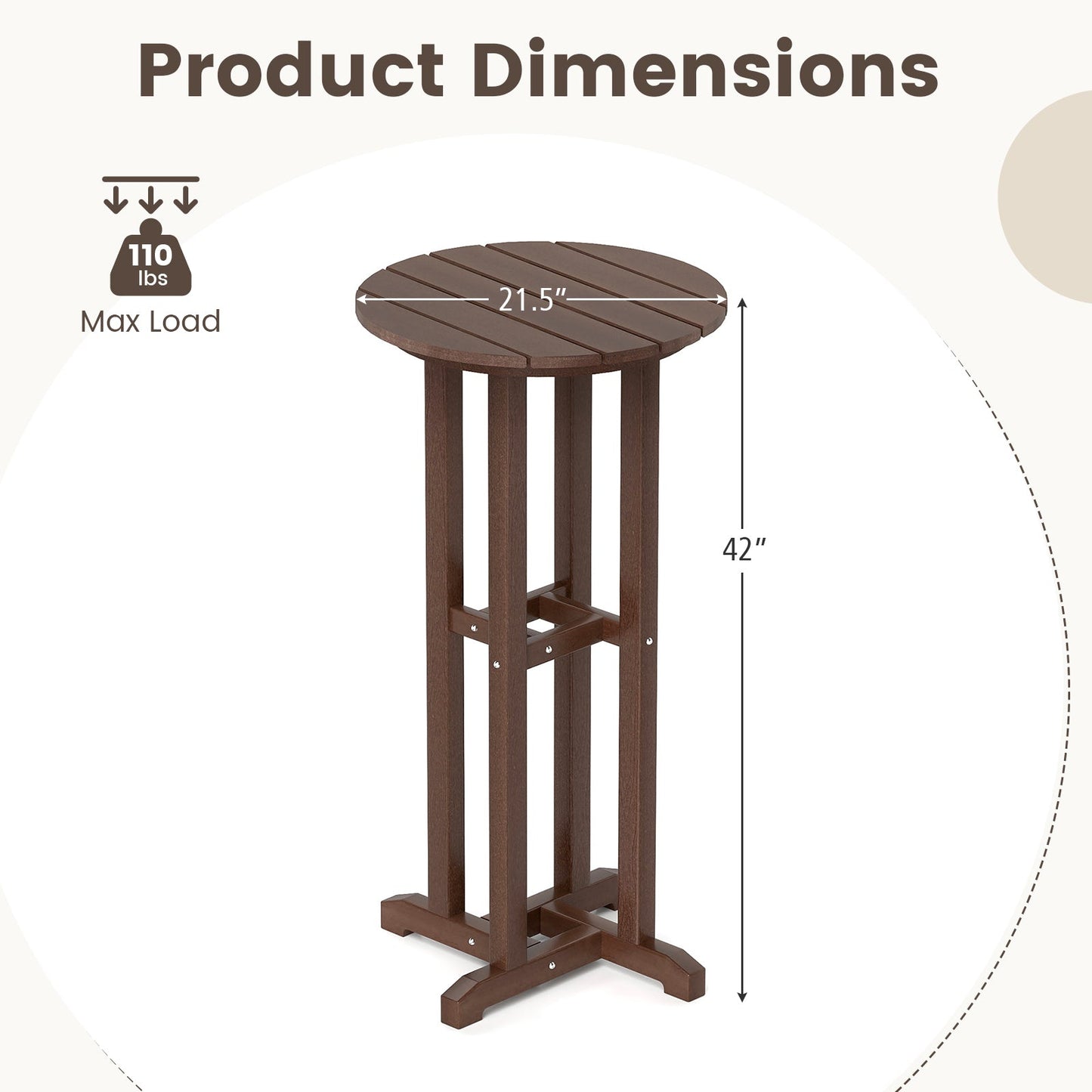 21.5 Inch Round Bar Table Patio HDPE Bar Height Dining Table with Slatted Tabletop