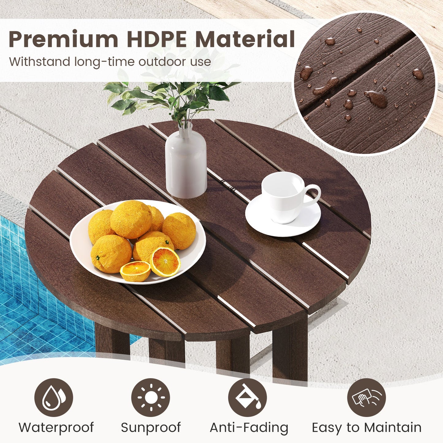 21.5 Inch Round Bar Table Patio HDPE Bar Height Dining Table with Slatted Tabletop