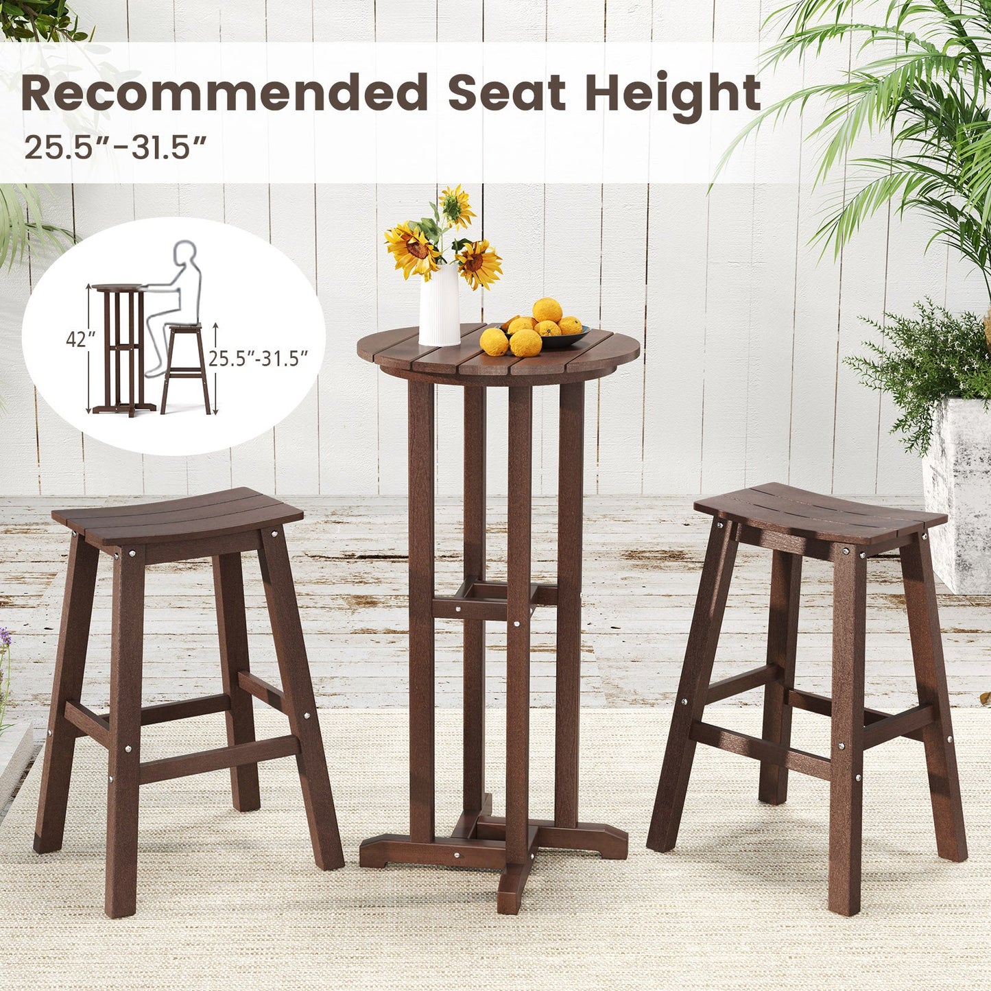 21.5 Inch Round Bar Table Patio HDPE Bar Height Dining Table with Slatted Tabletop