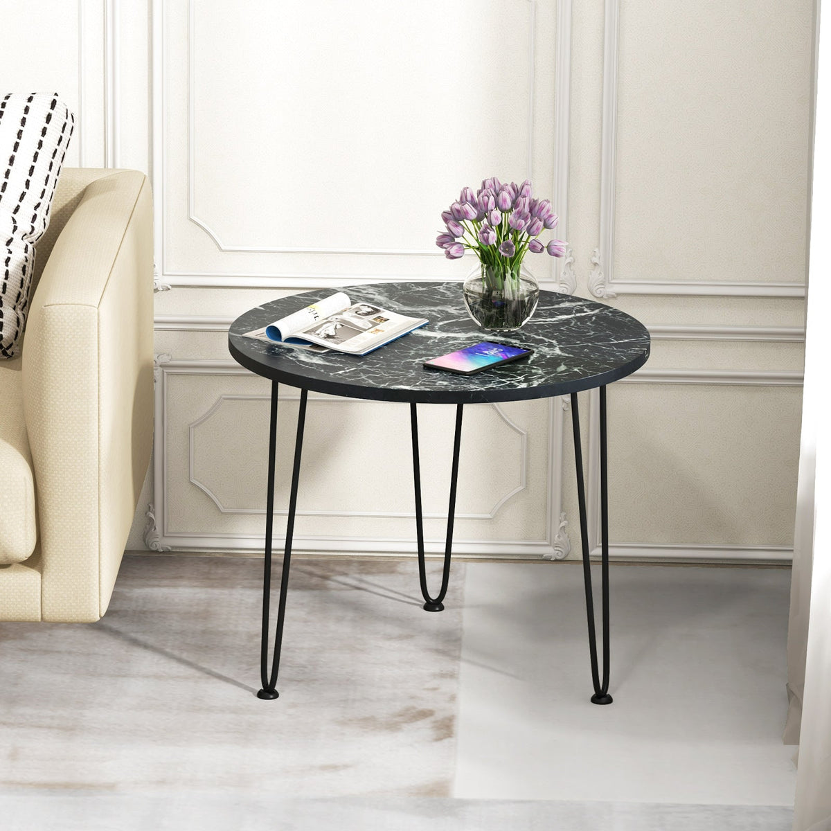 Round Coffee Table with Thickened Tabletop and Metal Tripod Legs