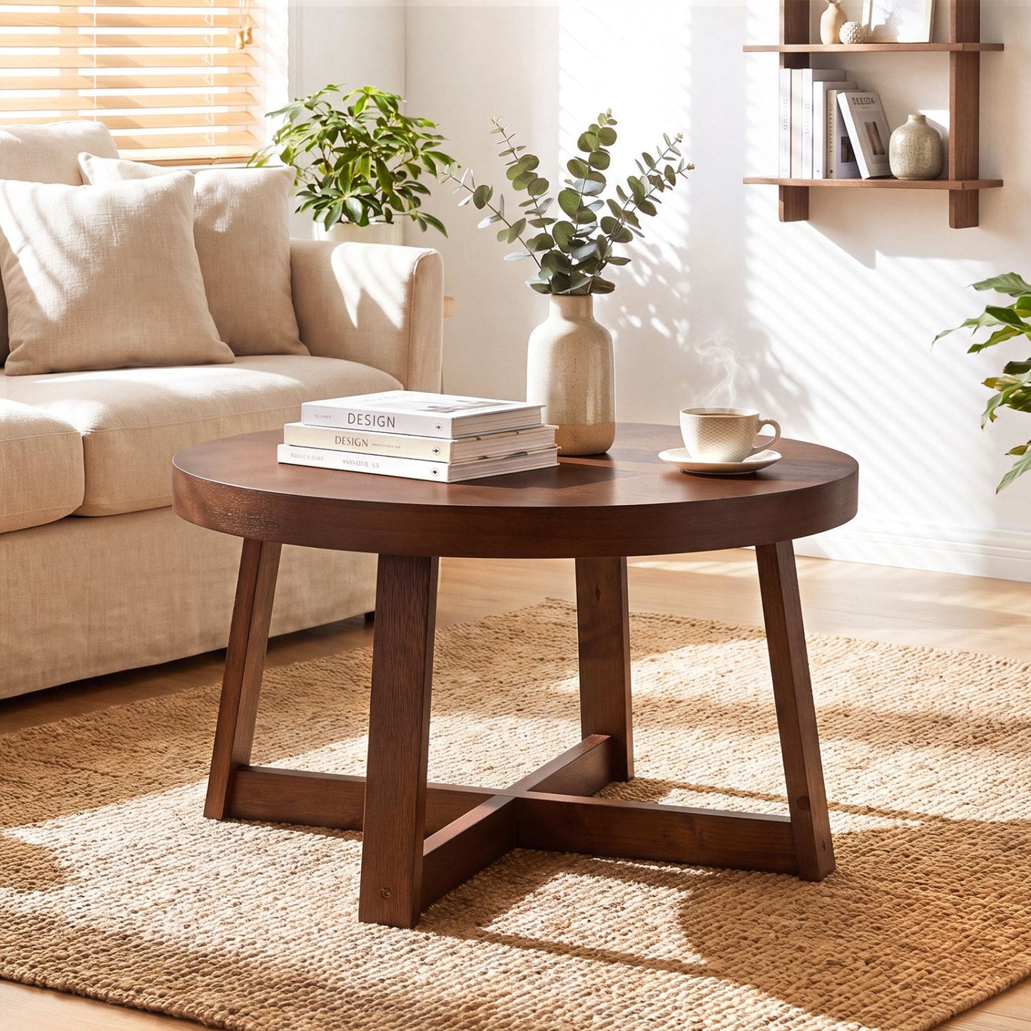 Round Coffee Table 30 Inch with Solid Wood Legs