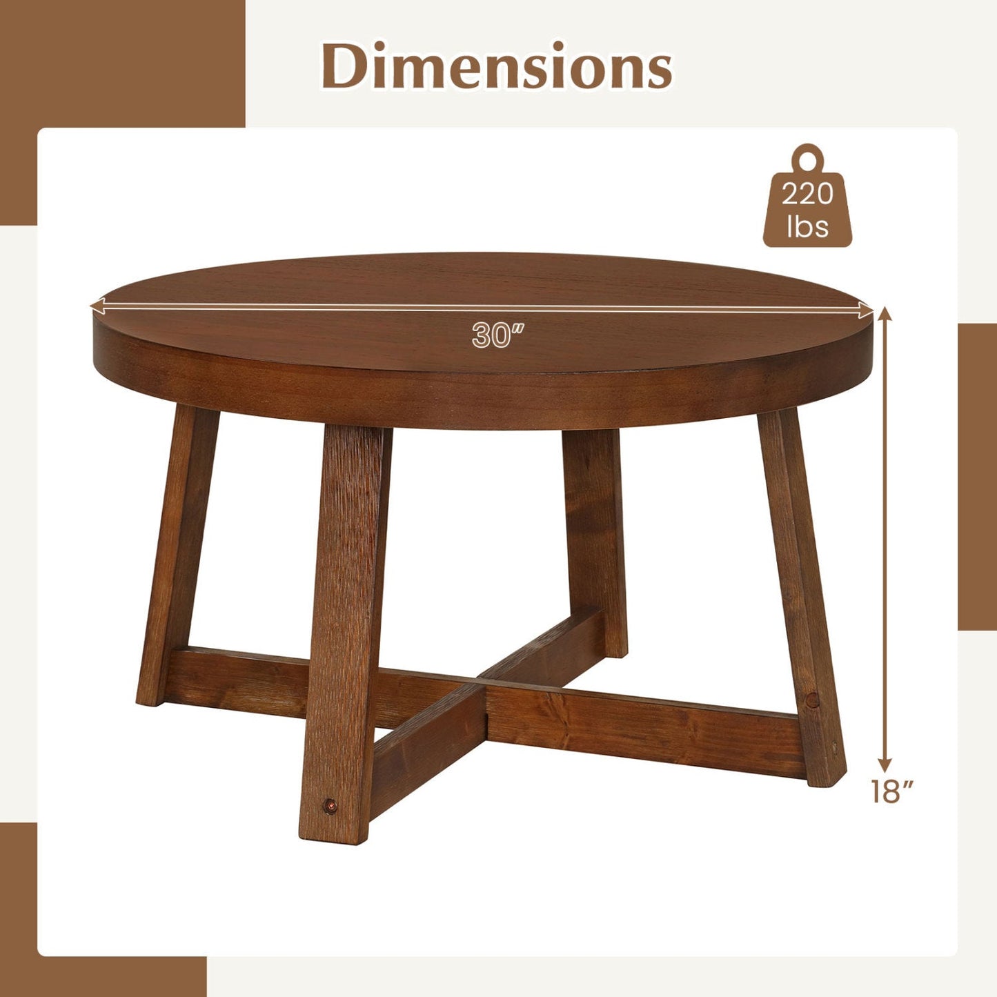 Round Coffee Table 30 Inch with Solid Wood Legs