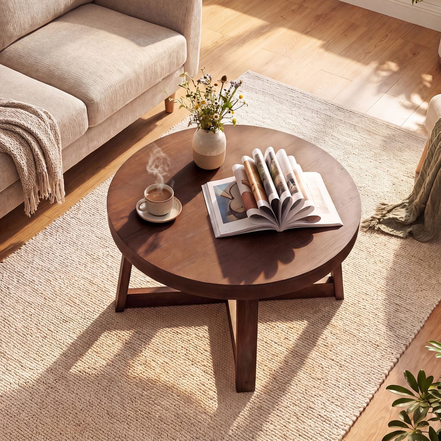 Round Coffee Table 30 Inch with Solid Wood Legs