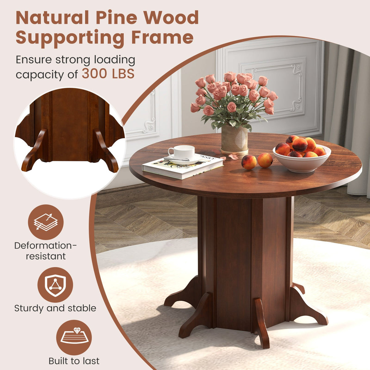 Round Dining Table with Pedestal Base for 4-6 People-Walnut