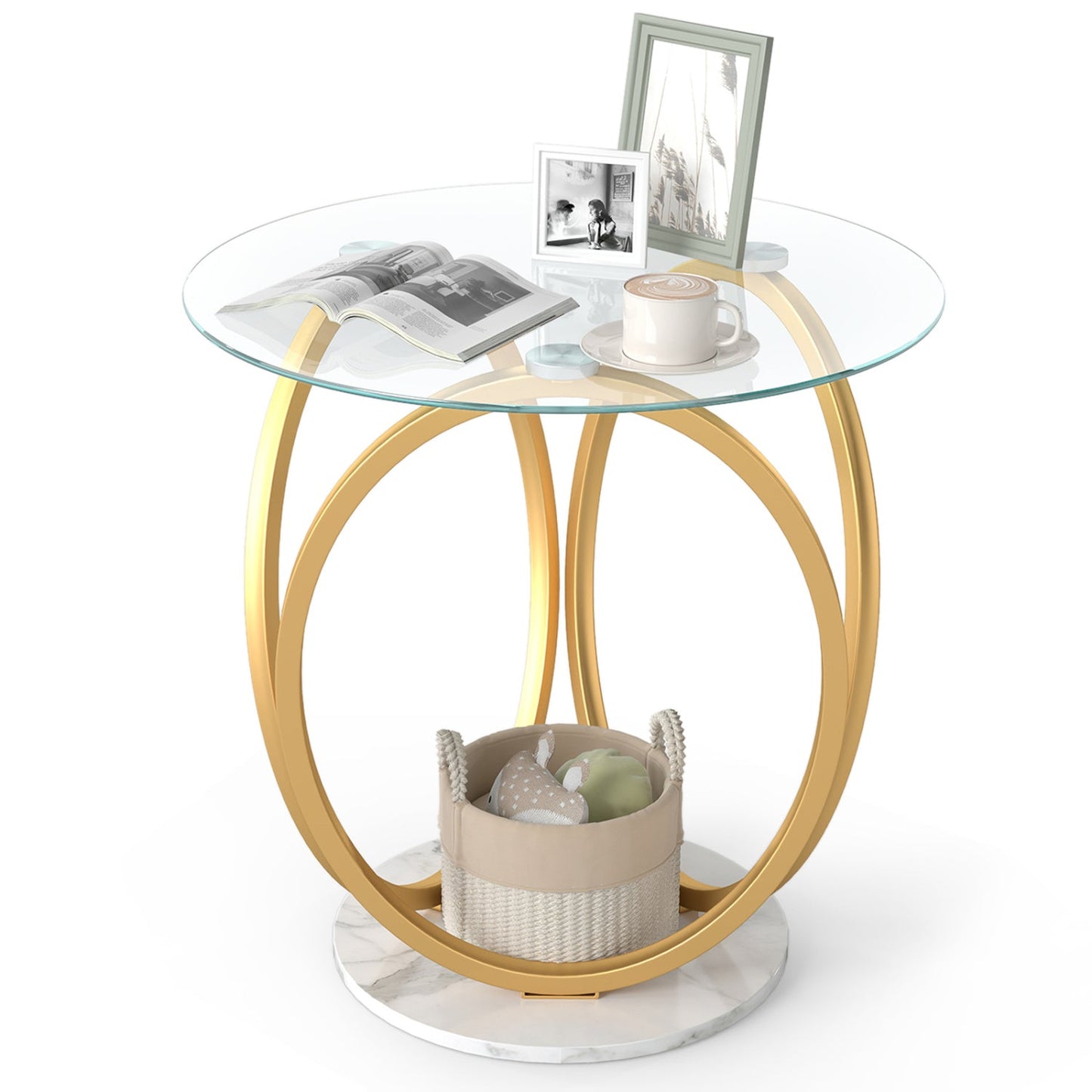 Round End Table Faux Marble Side Table with Tempered Glass Tabletop