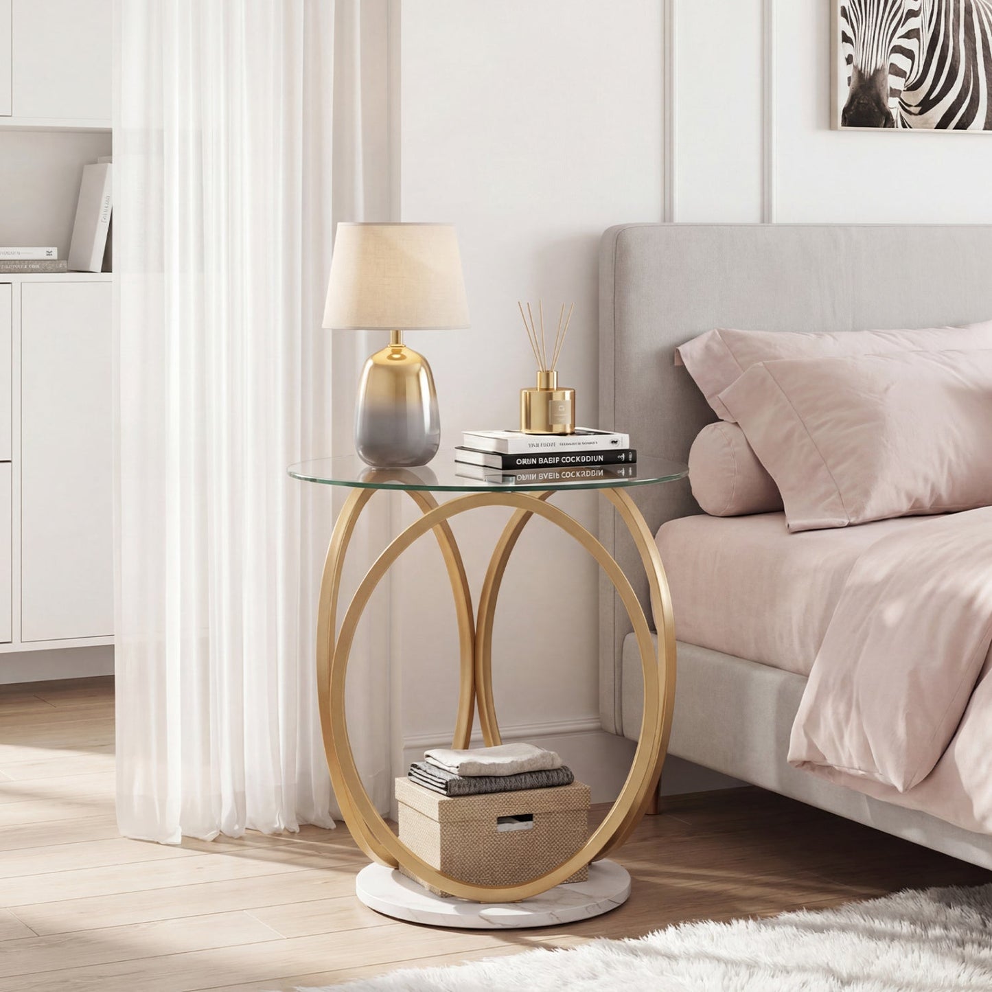 Round End Table Faux Marble Side Table with Tempered Glass Tabletop