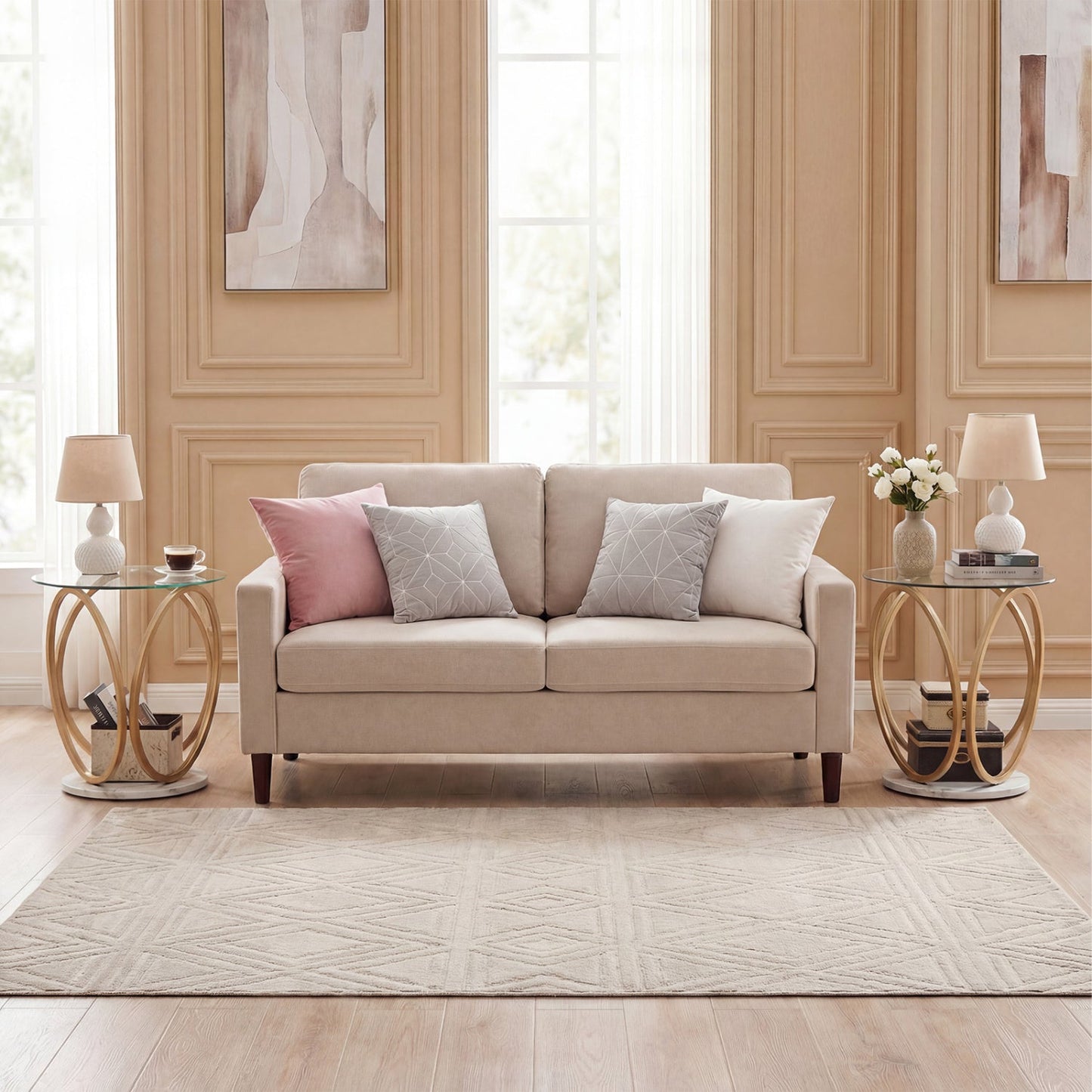 Round End Table Faux Marble Side Table with Tempered Glass Tabletop