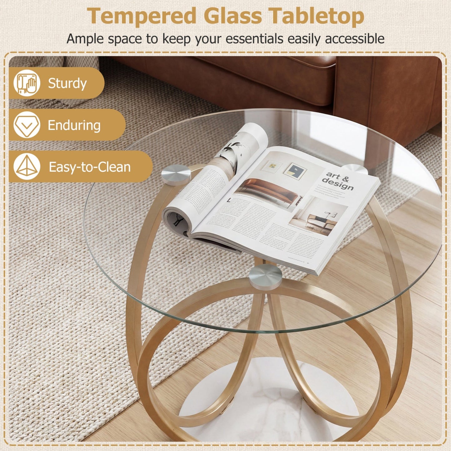 Round End Table Faux Marble Side Table with Tempered Glass Tabletop