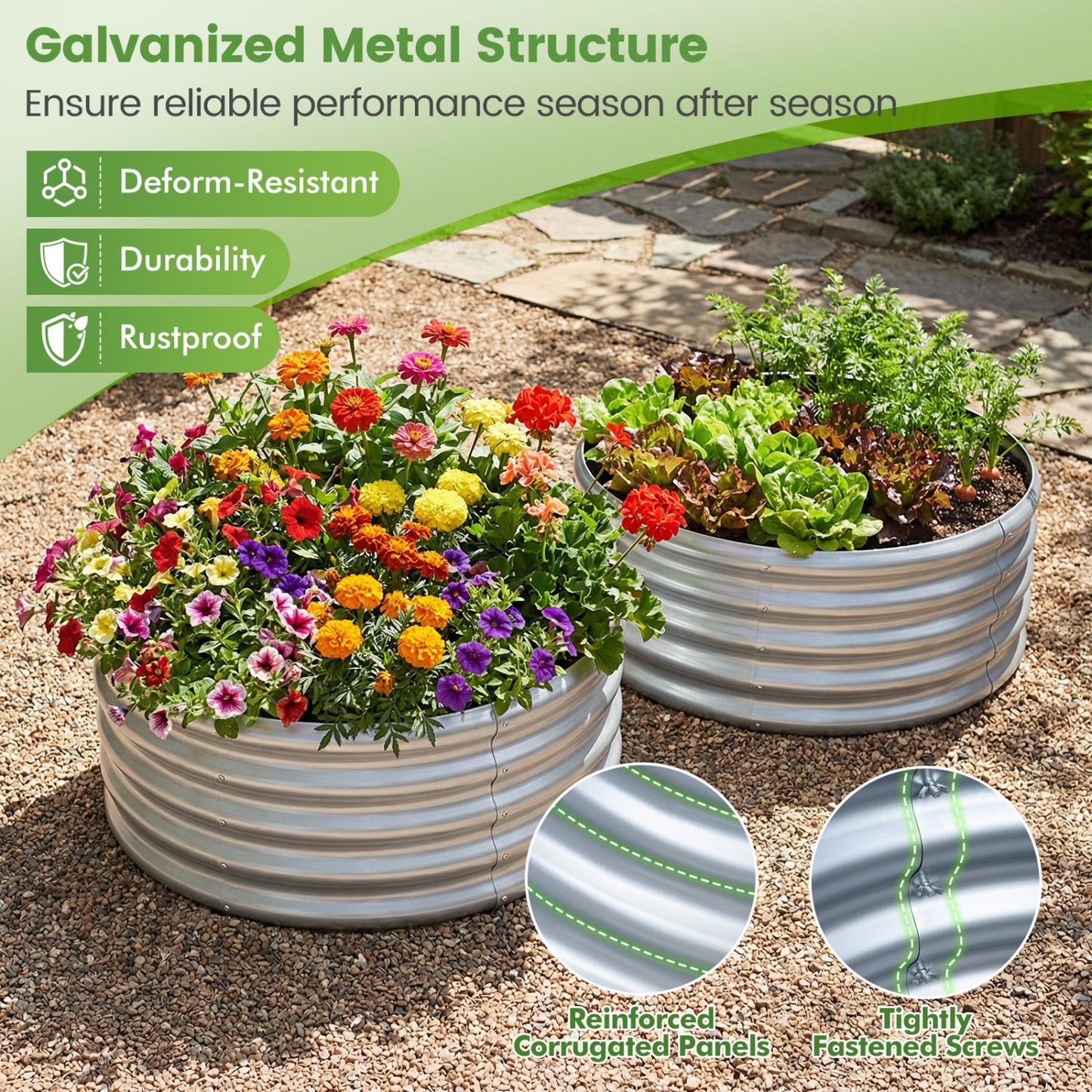 Round Galvanized Raised Garden Bed with Open-Ended Base