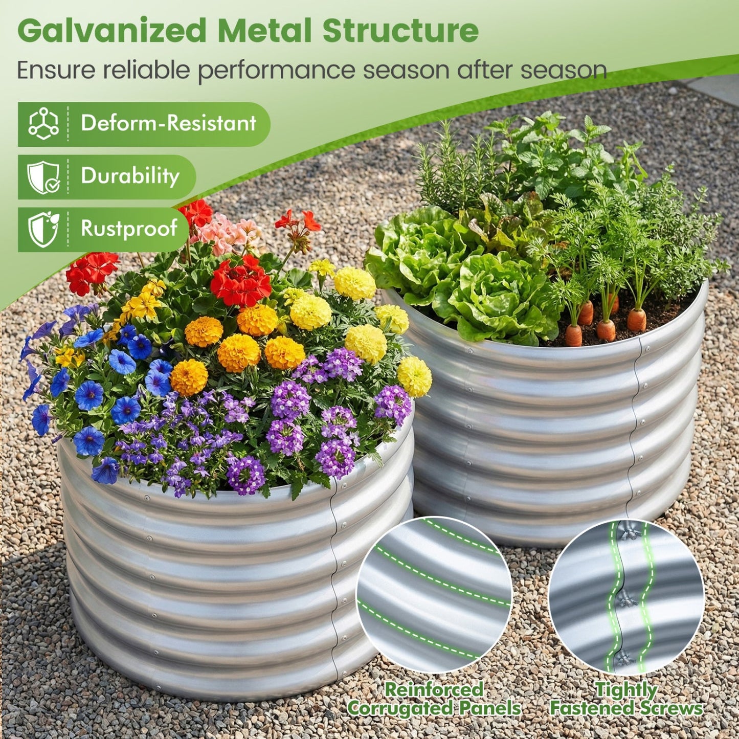 Round Galvanized Raised Garden Bed with Open-Ended Base