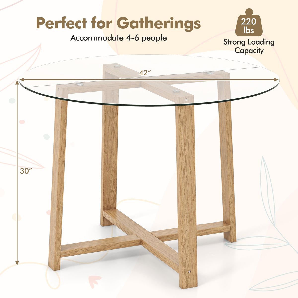 42 Inches Round Glass Dining Table with Tempered Glass Tabletop and Rubber Wood Legs-Natural