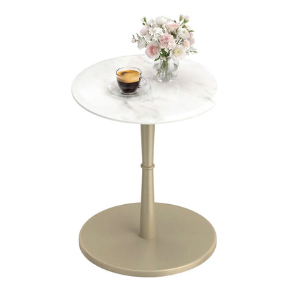 Round Marble Side Table with Stone Finish and Wooden Base for Small Spaces