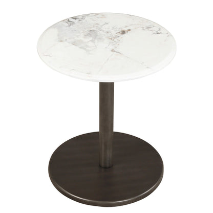 Round Marble Side Table Pedestal End Table with Stone Finish and Wooden