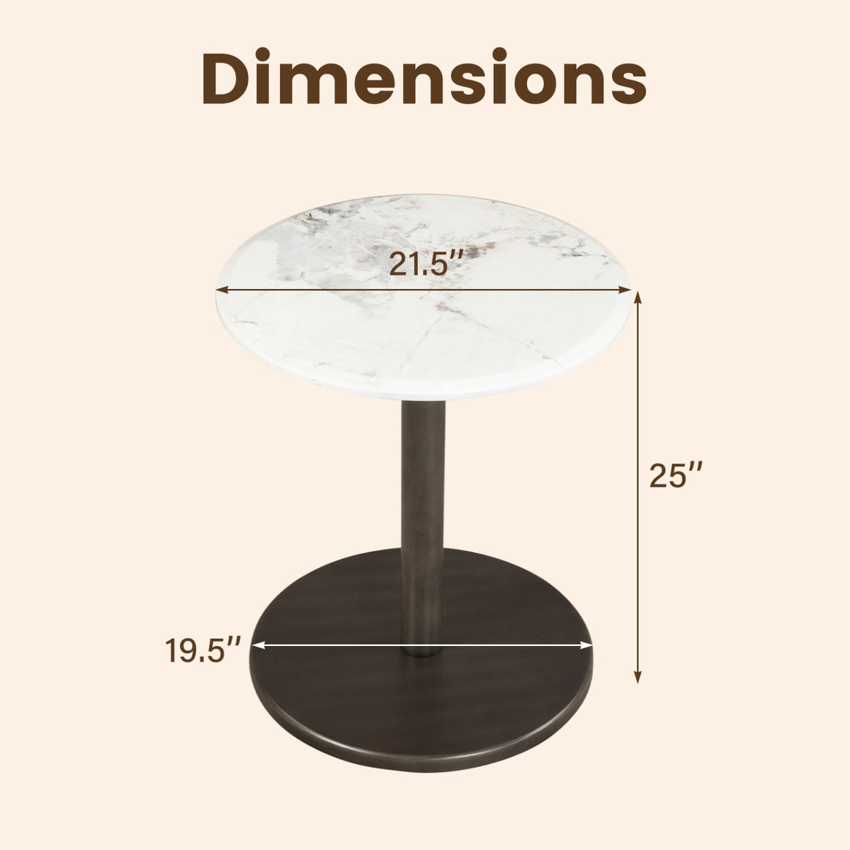 Round Marble Side Table Pedestal End Table with Stone Finish and Wooden