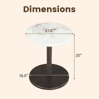 Round Marble Side Table Pedestal End Table with Stone Finish and Wooden