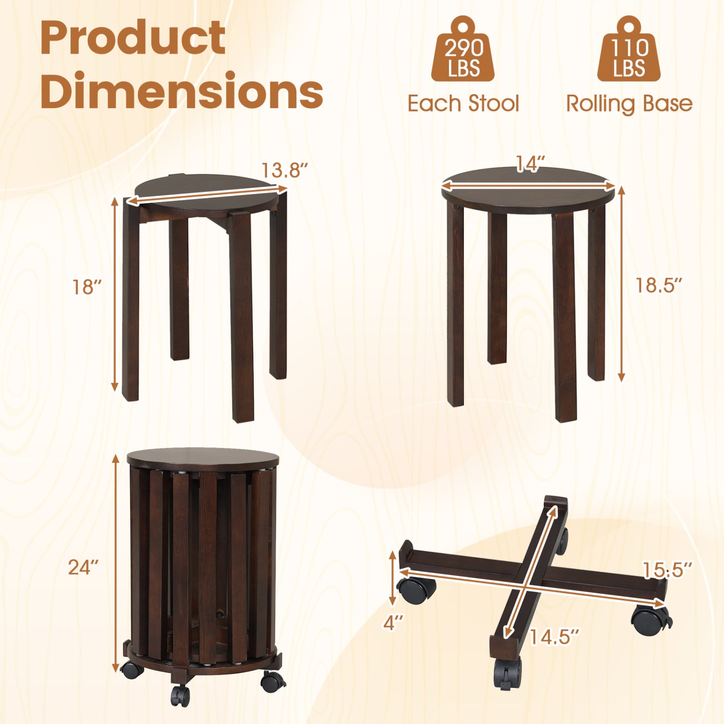 Round Nesting Stools Set with Rolling Base and Locking Casters
