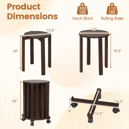 Round Nesting Stools Set with Rolling Base and Locking Casters