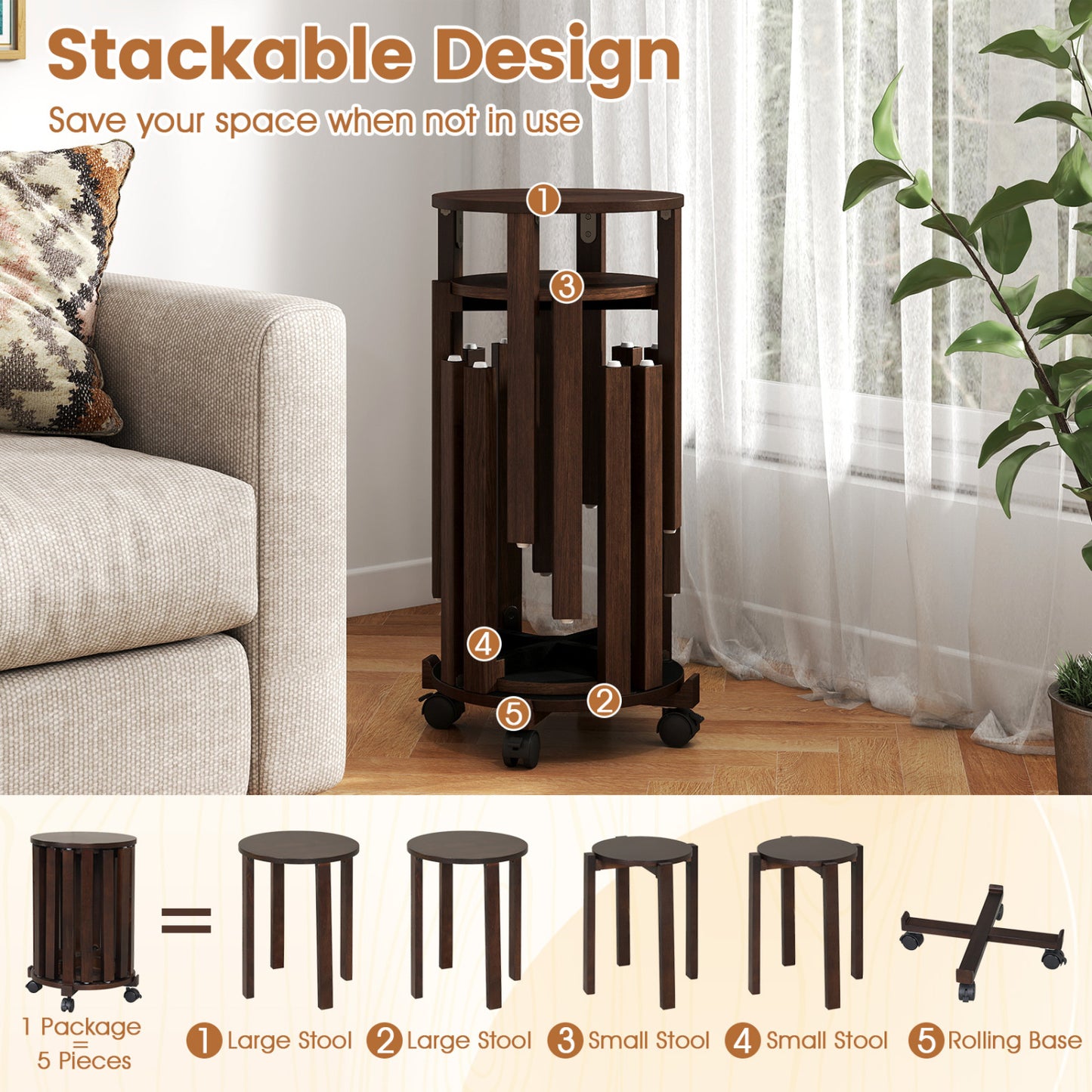 Round Nesting Stools Set with Rolling Base and Locking Casters