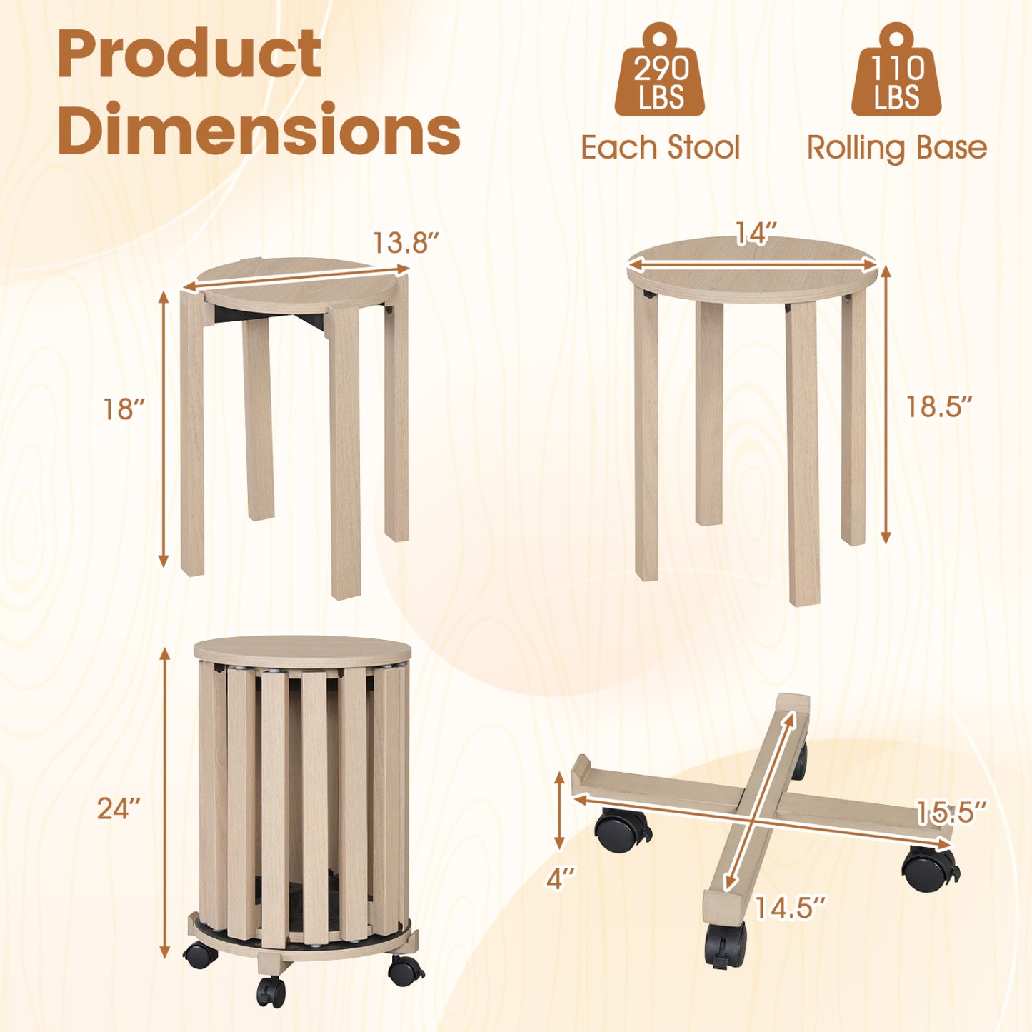 Round Nesting Stools Set with Rolling Base and Locking Casters