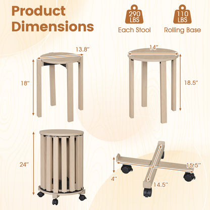 Round Nesting Stools Set with Rolling Base and Locking Casters