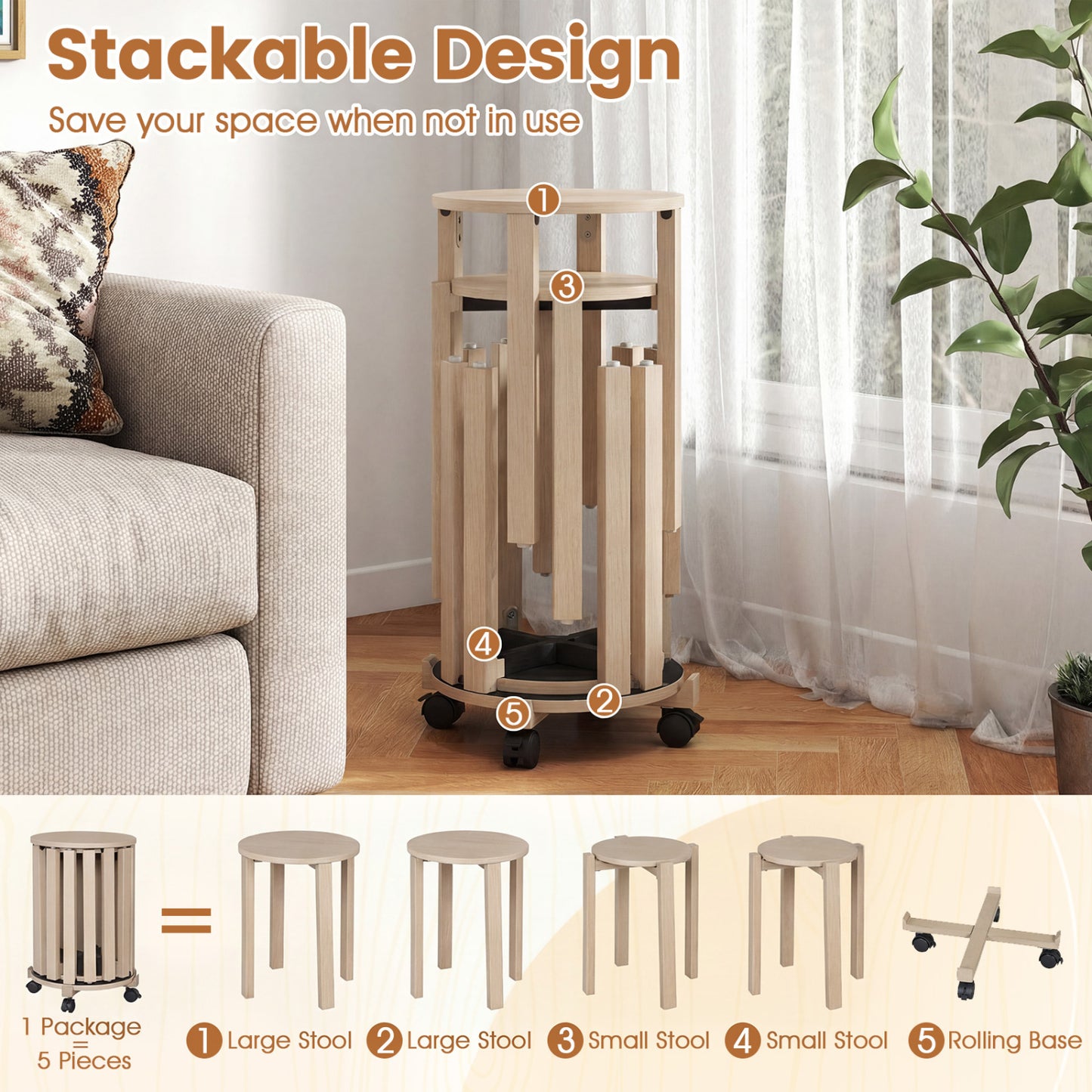 Round Nesting Stools Set with Rolling Base and Locking Casters